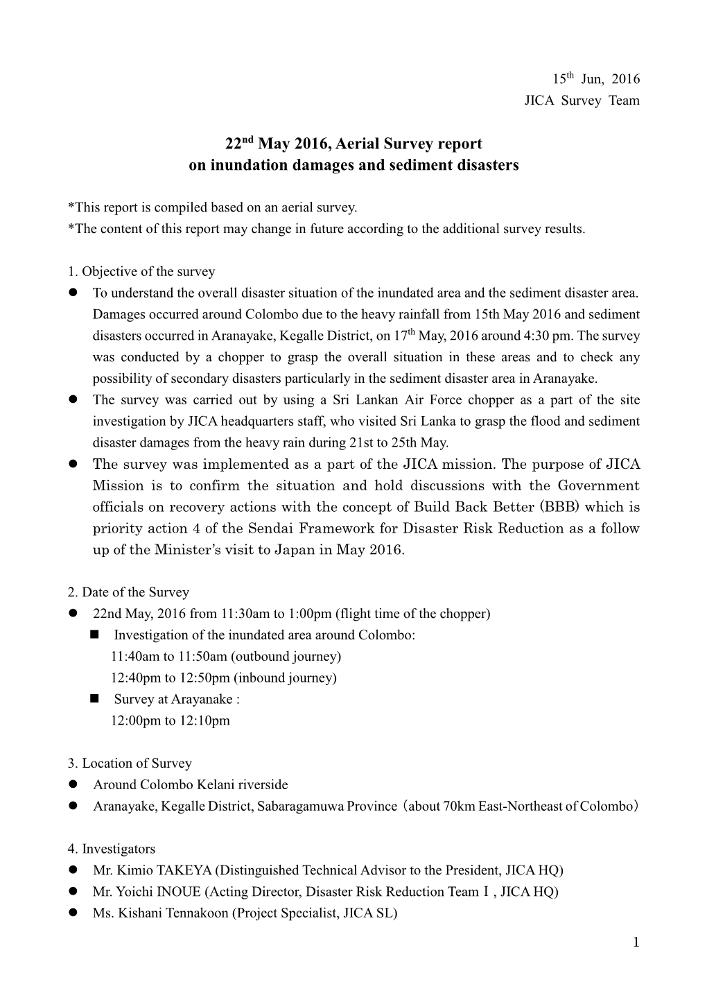 22Nd May 2016, Aerial Survey Report on Inundation Damages and Sediment Disasters