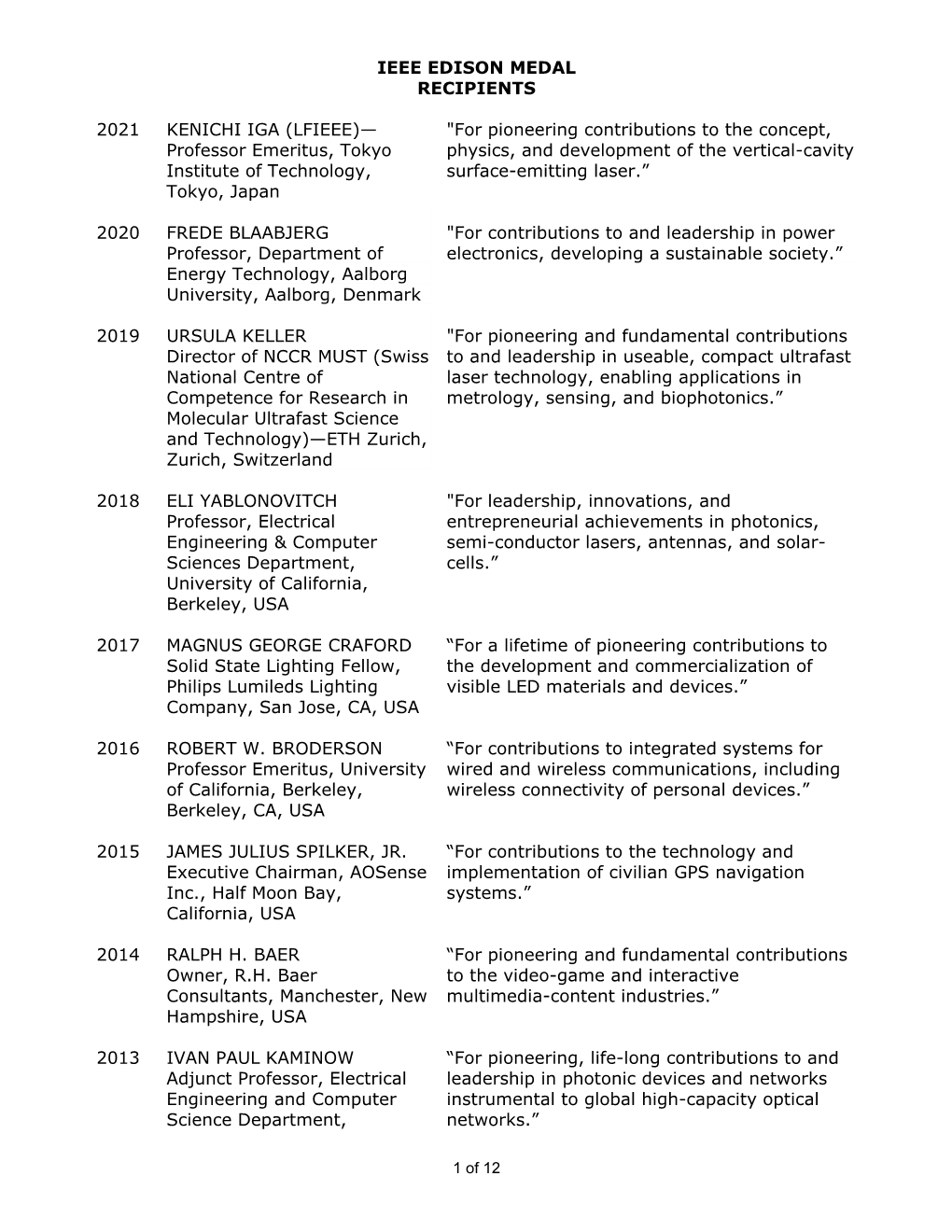 Ieee Edison Medal Recipients