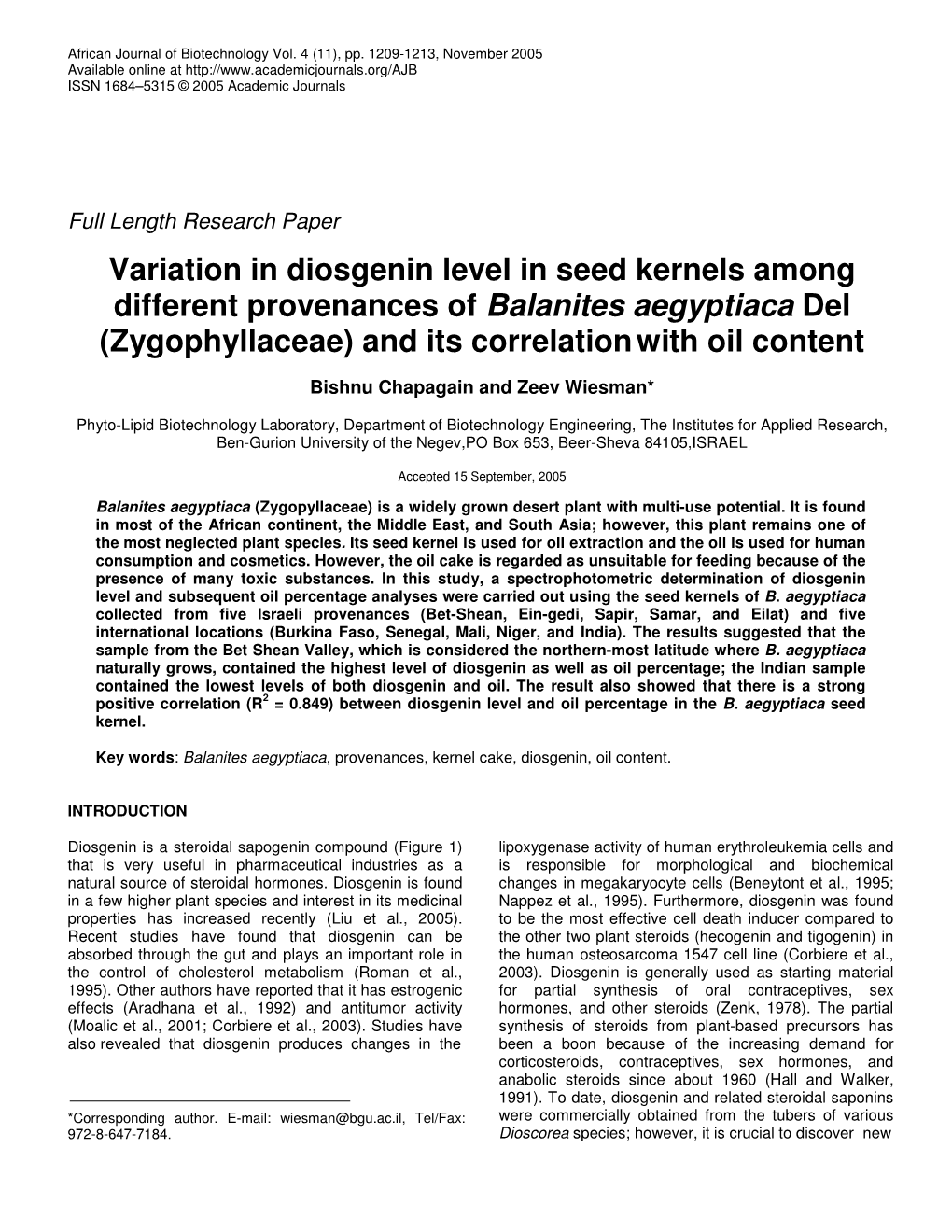 Variation in Diosgenin Level in Seed Kernels Among Different Provenances of Balanites Aegyptiaca Del (Zygophyllaceae) and Its Correlation with Oil Content