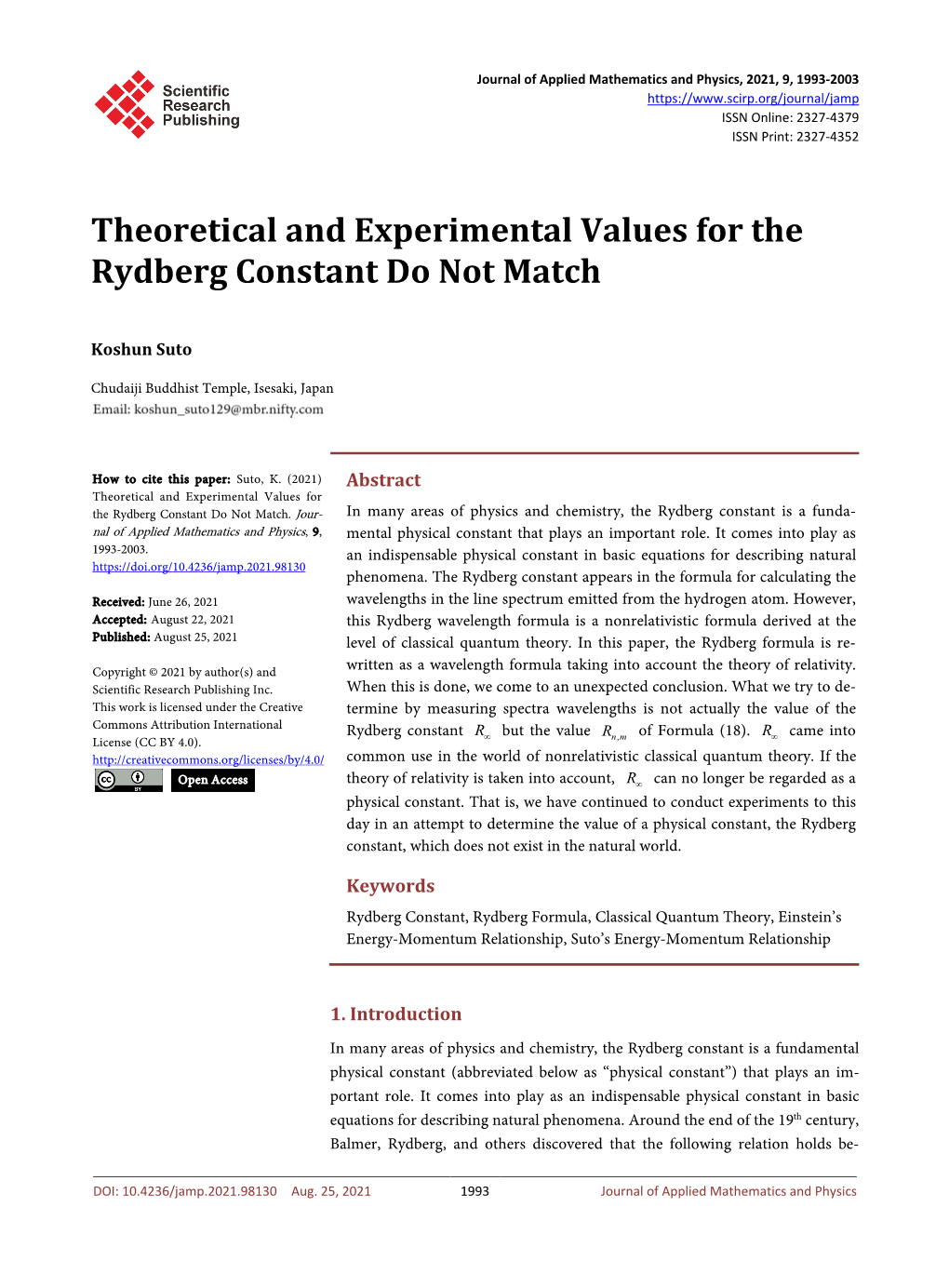 Theoretical and Experimental Values for the Rydberg Constant Do Not Match