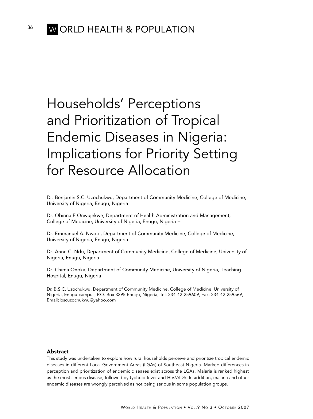 Households' Perceptions and Prioritization of Tropical Endemic Diseases in Nigeria: Implications for Priority Setting for Reso