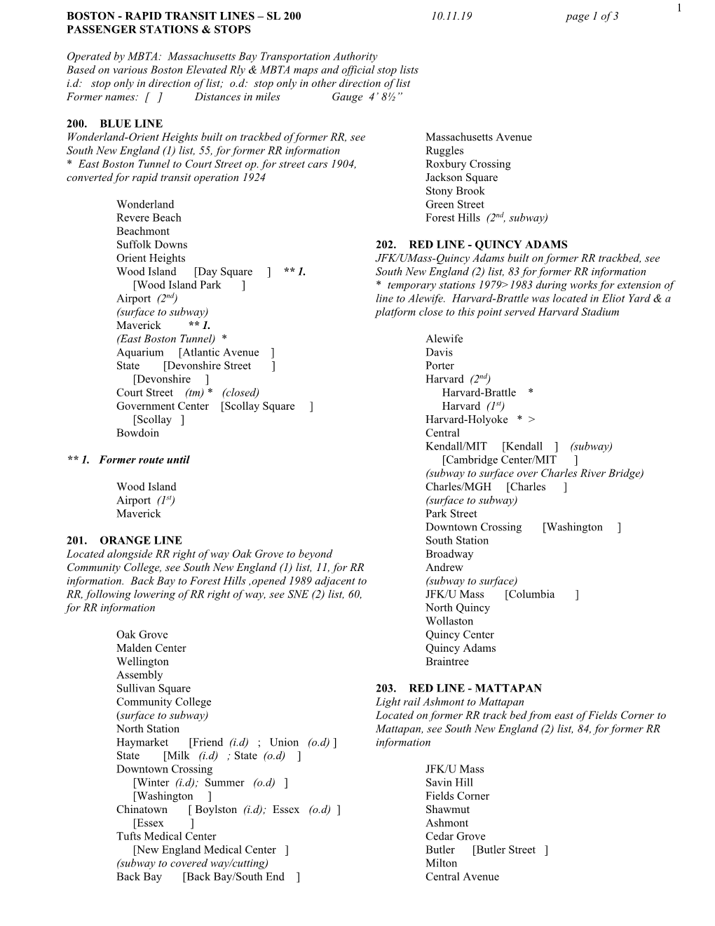 BOSTON - RAPID TRANSIT LINES – SL 200 10.11.19 Page 1 of 3 PASSENGER STATIONS & STOPS