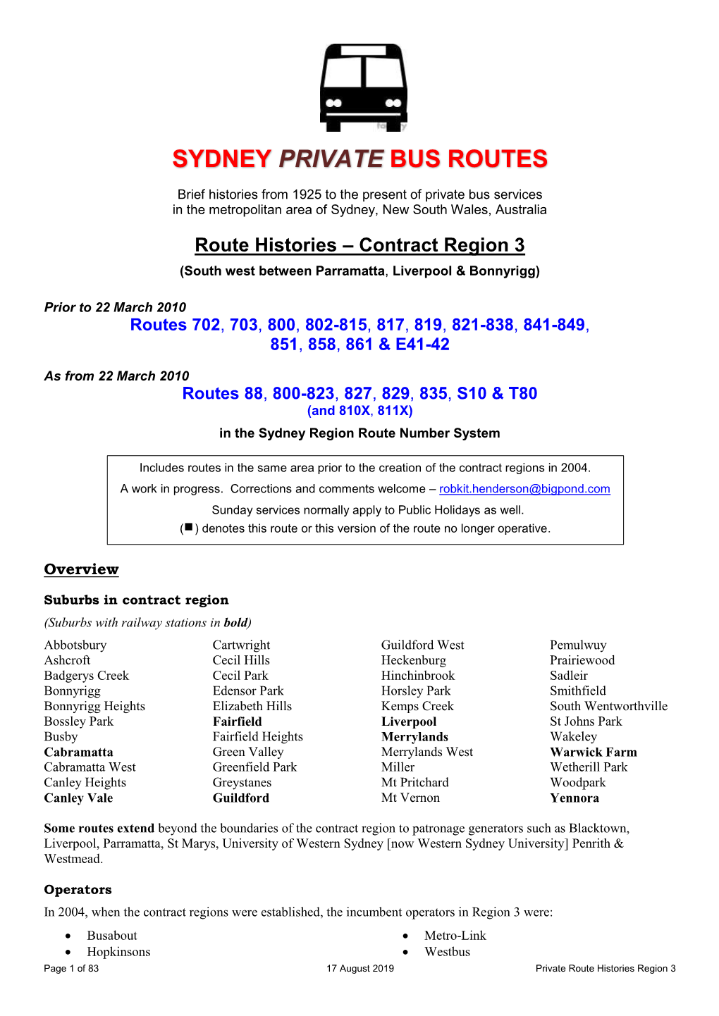 Route Histories – Contract Region 3 (South West Between Parramatta, Liverpool & Bonnyrigg)