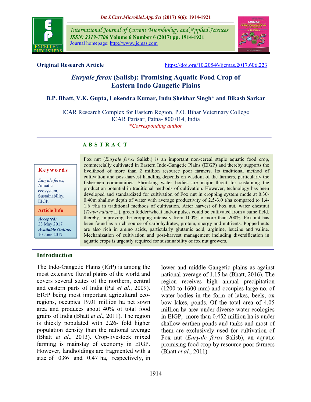 Euryale Ferox (Salisb): Promising Aquatic Food Crop of Eastern Indo Gangetic Plains