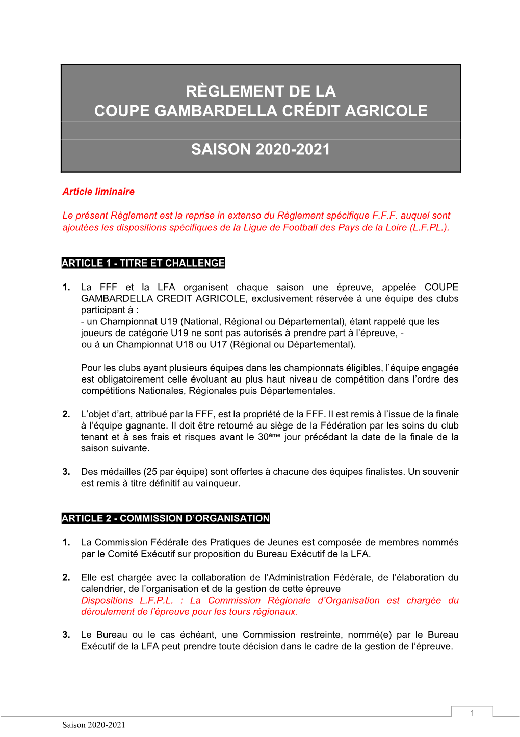 Règlement De La Coupe Gambardella Crédit Agricole Saison 2020-2021