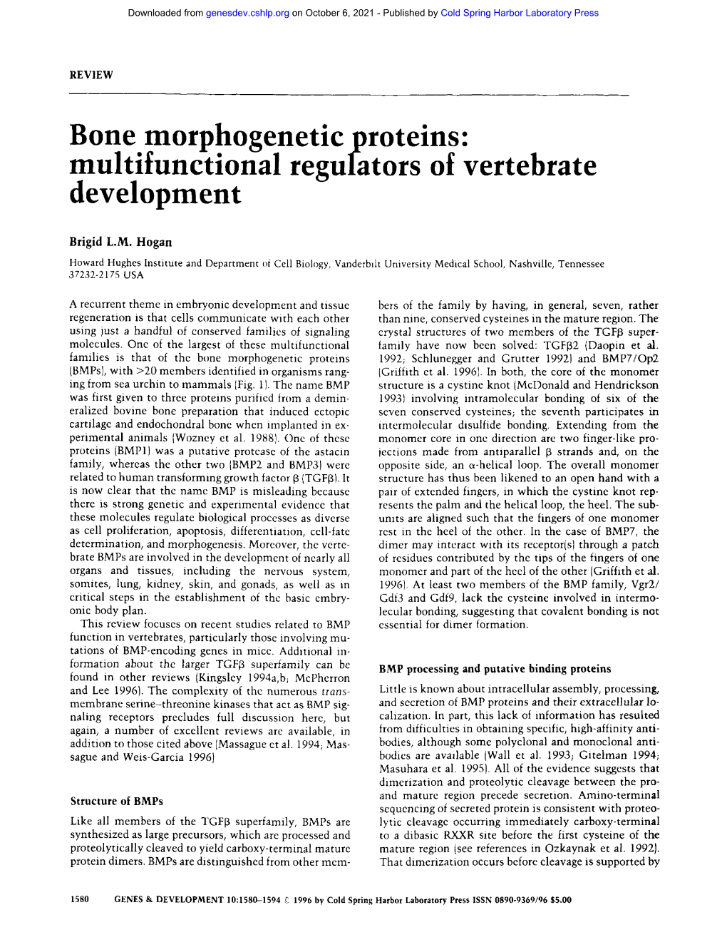 Bone Morphogenetic Proteins: Multifunctional Regulators of Vertebrate Development