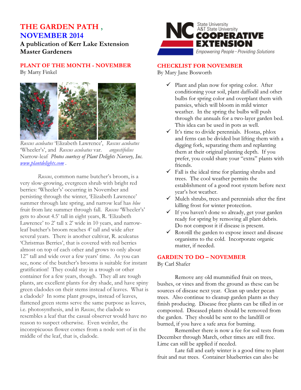 NOVEMBER 2014 a Publication of Kerr Lake Extension Master Gardeners