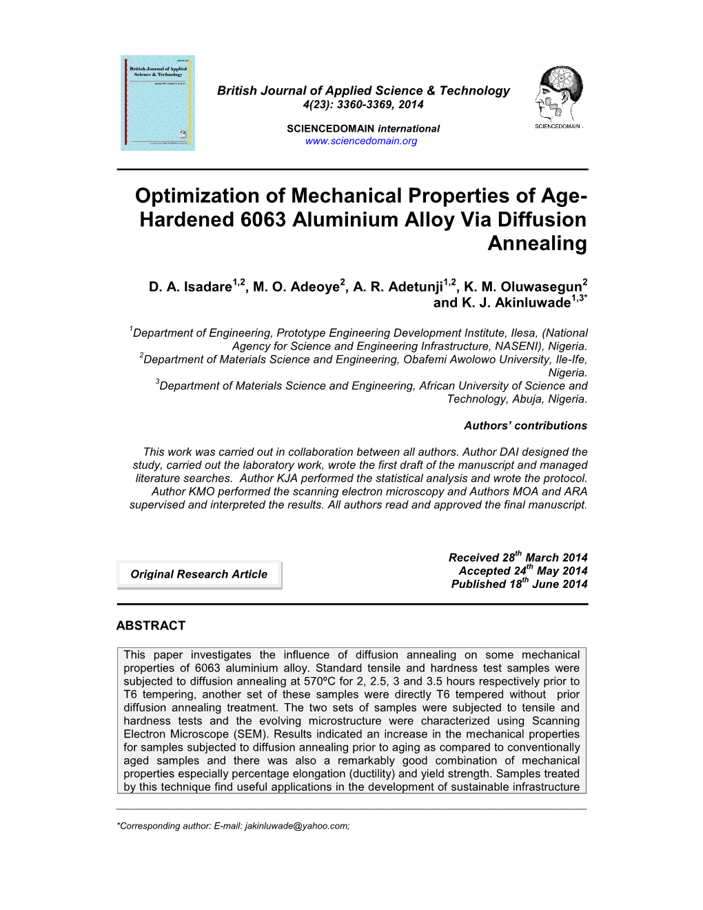 Optimization of Mechanical Properties of Age- Hardened 6063 Aluminium Alloy Via Diffusion Annealing