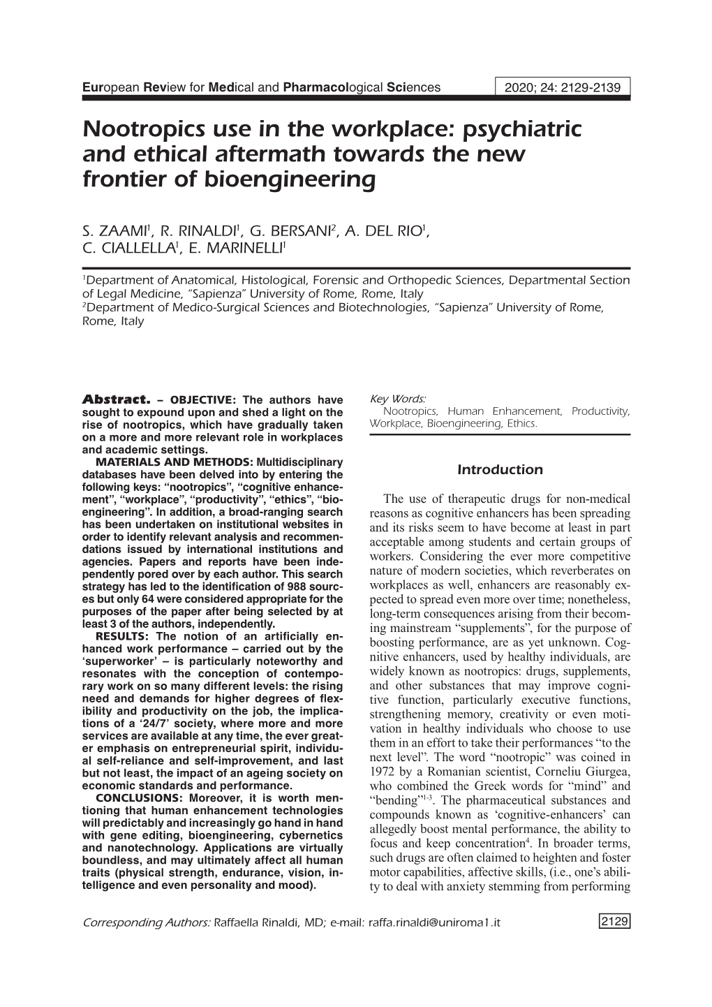 Nootropics Use in the Workplace: Psychiatric and Ethical Aftermath Towards the New Frontier of Bioengineering