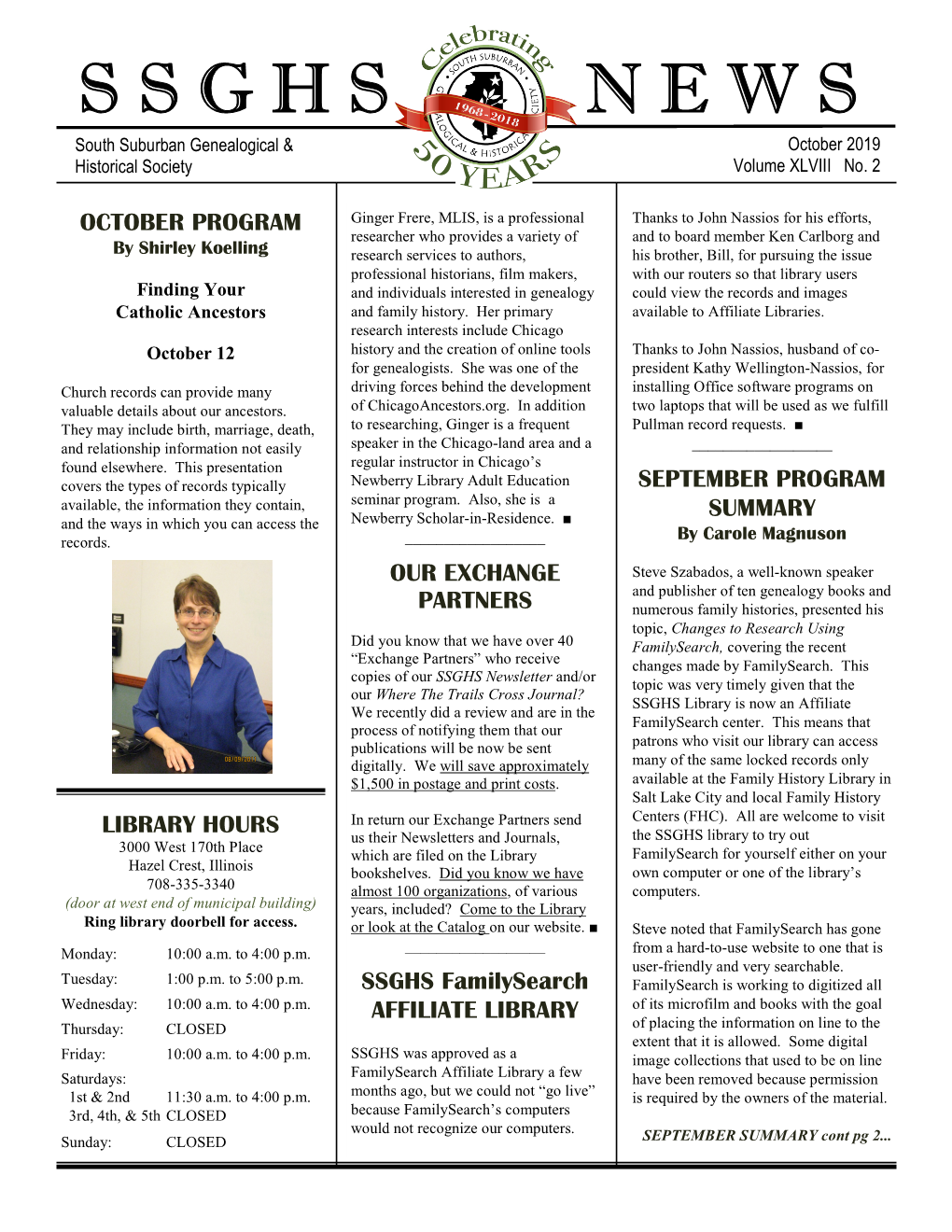 SSGHS October 2019 Newsletter