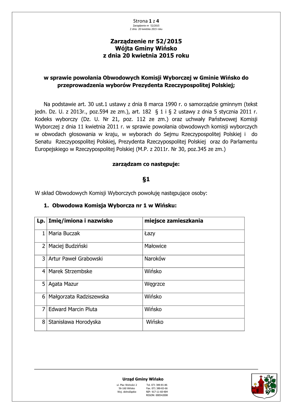 Zarządzenie Nr 52/2015 Wójta Gminy Wińsko Z Dnia 20 Kwietnia 2015 Roku