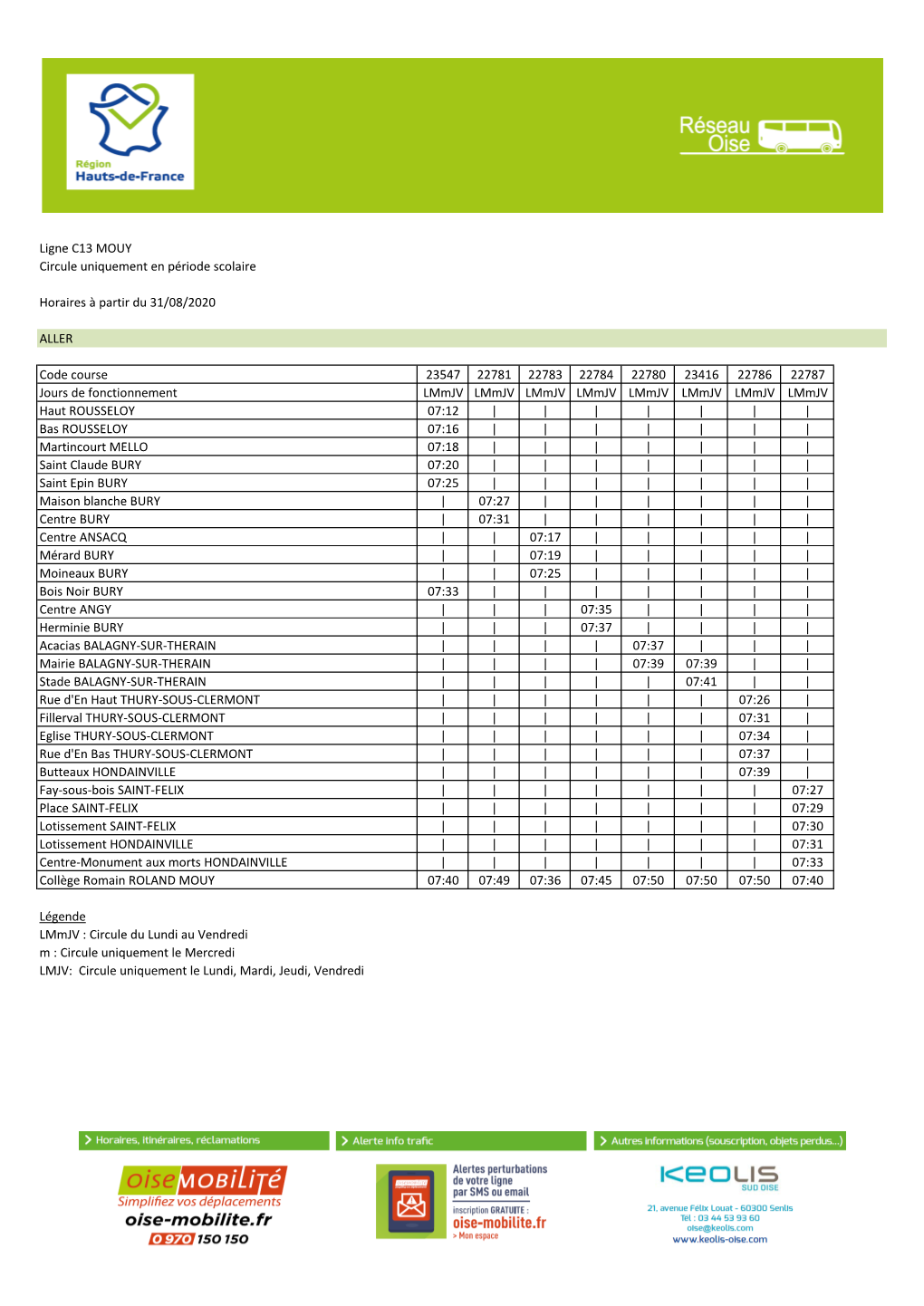 Ligne C13 MOUY Circule Uniquement En Période Scolaire Horaires À