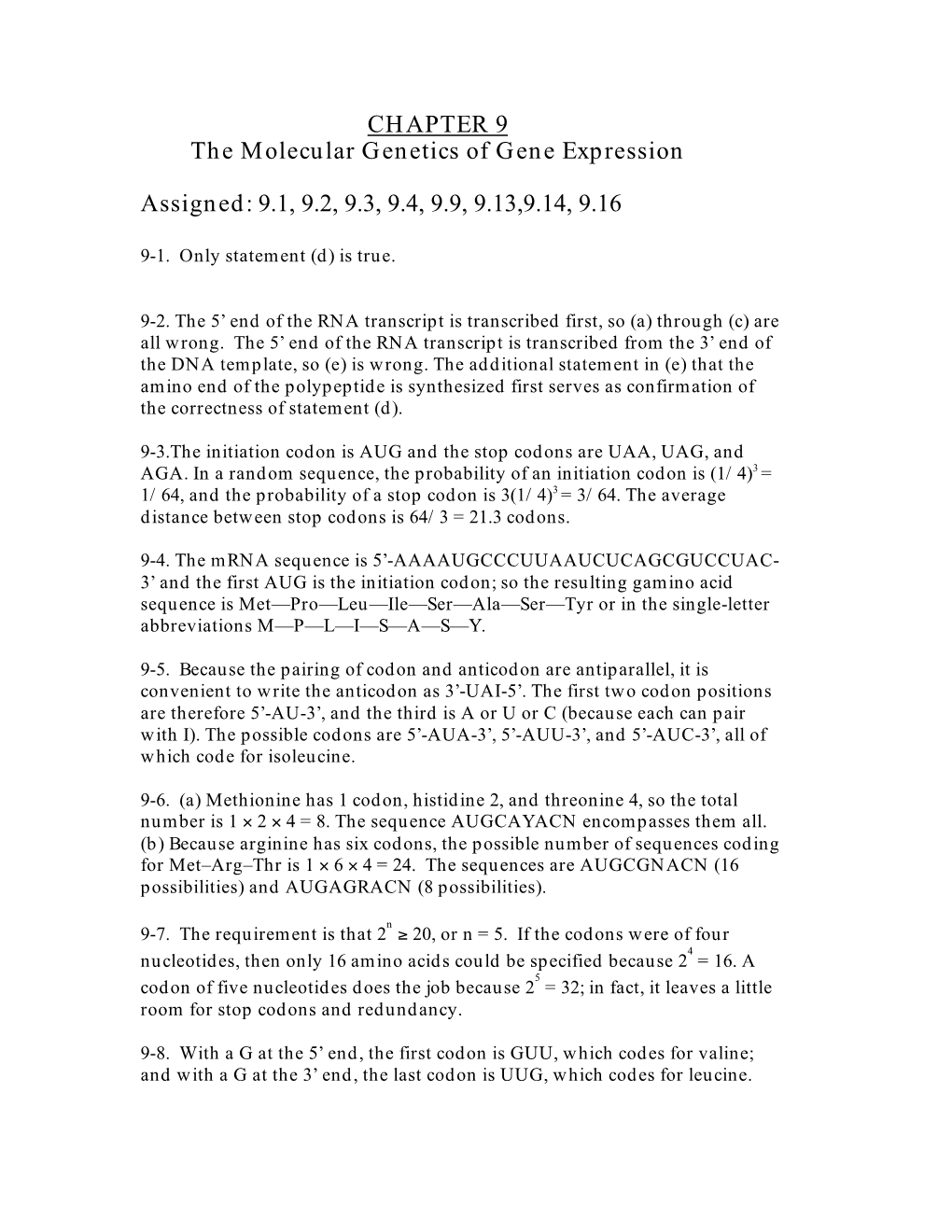 CHAPTER 9 the Molecular Genetics of Gene Expression Assigned: 9.1