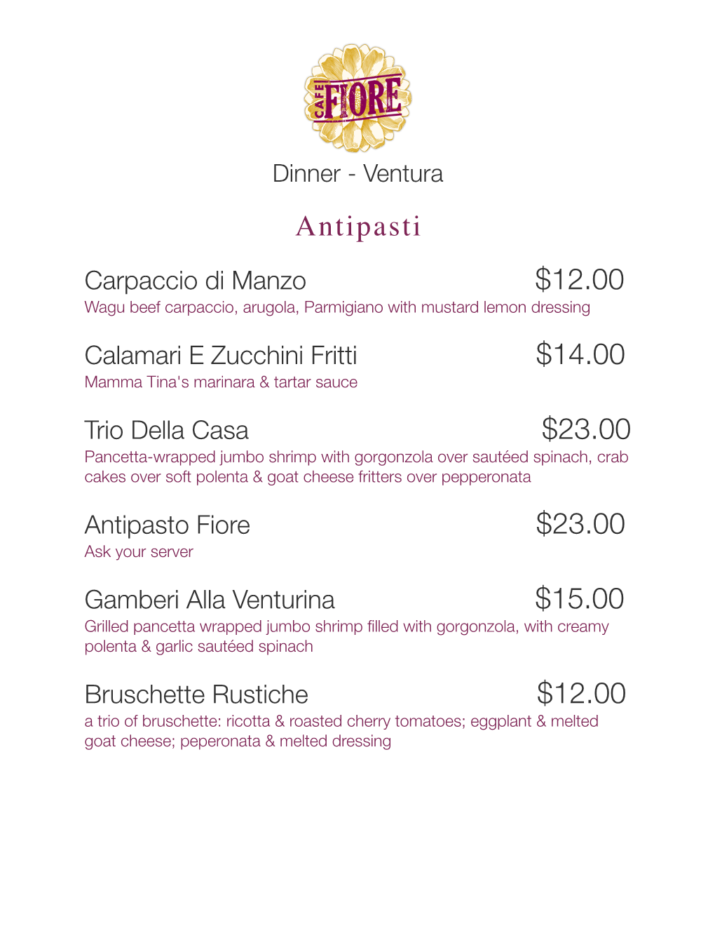 Cafe Fiore Menu