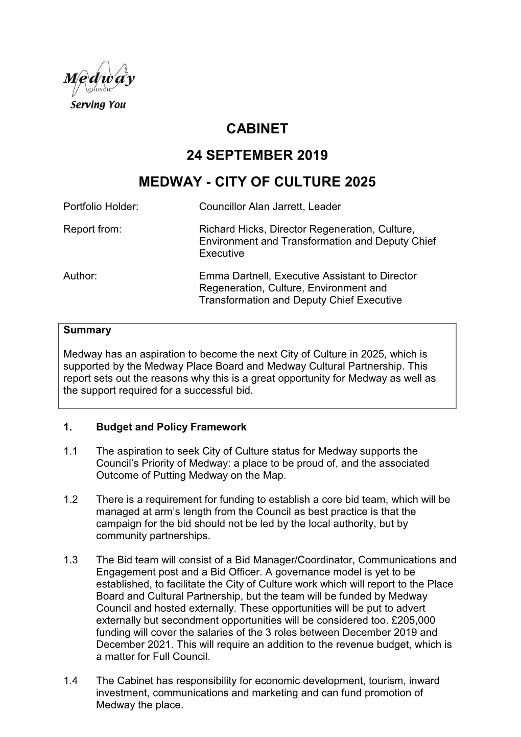 Cabinet 24 September 2019 Medway - City of Culture 2025