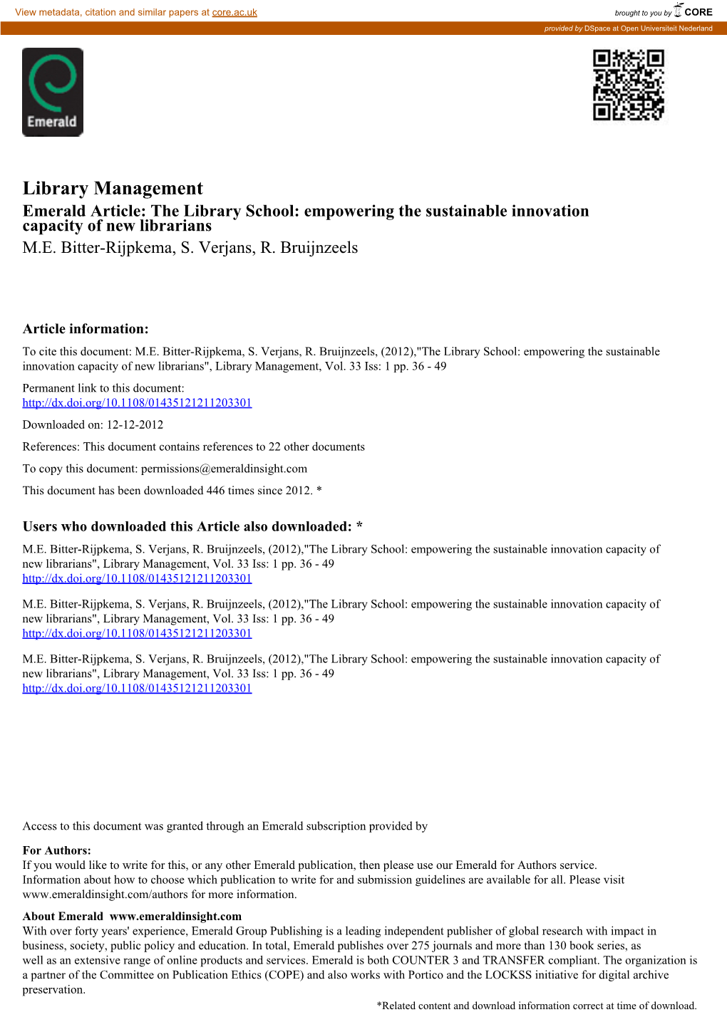 Library Management Emerald Article: the Library School: Empowering the Sustainable Innovation Capacity of New Librarians M.E