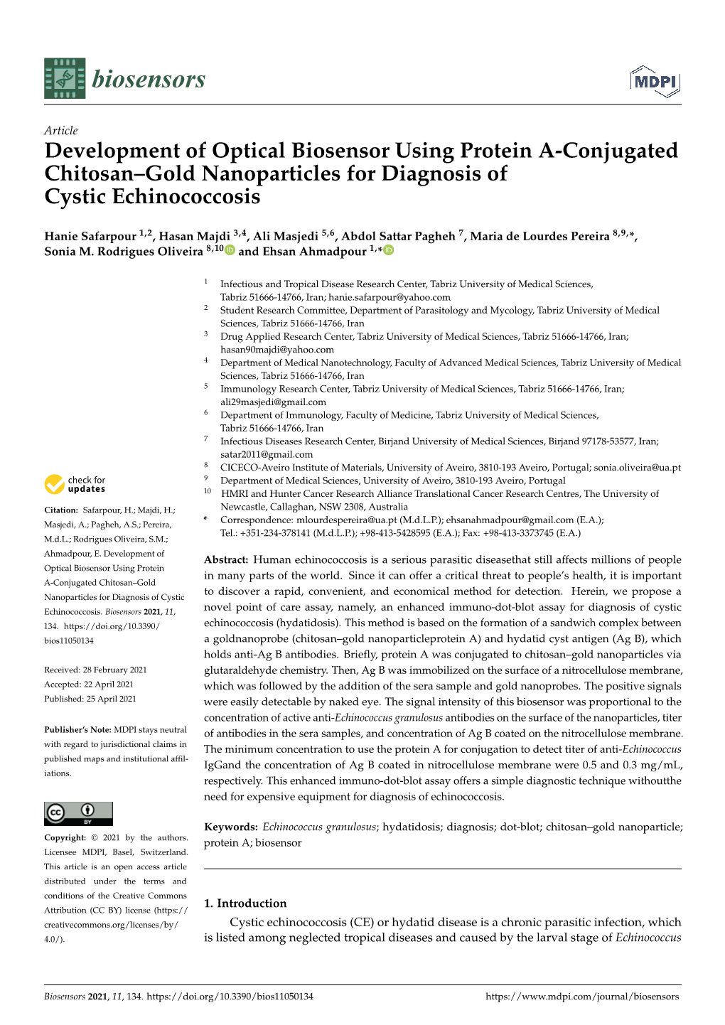 Development of Optical Biosensor Using Protein A-Conjugated Chitosan–Gold Nanoparticles for Diagnosis of Cystic Echinococcosis