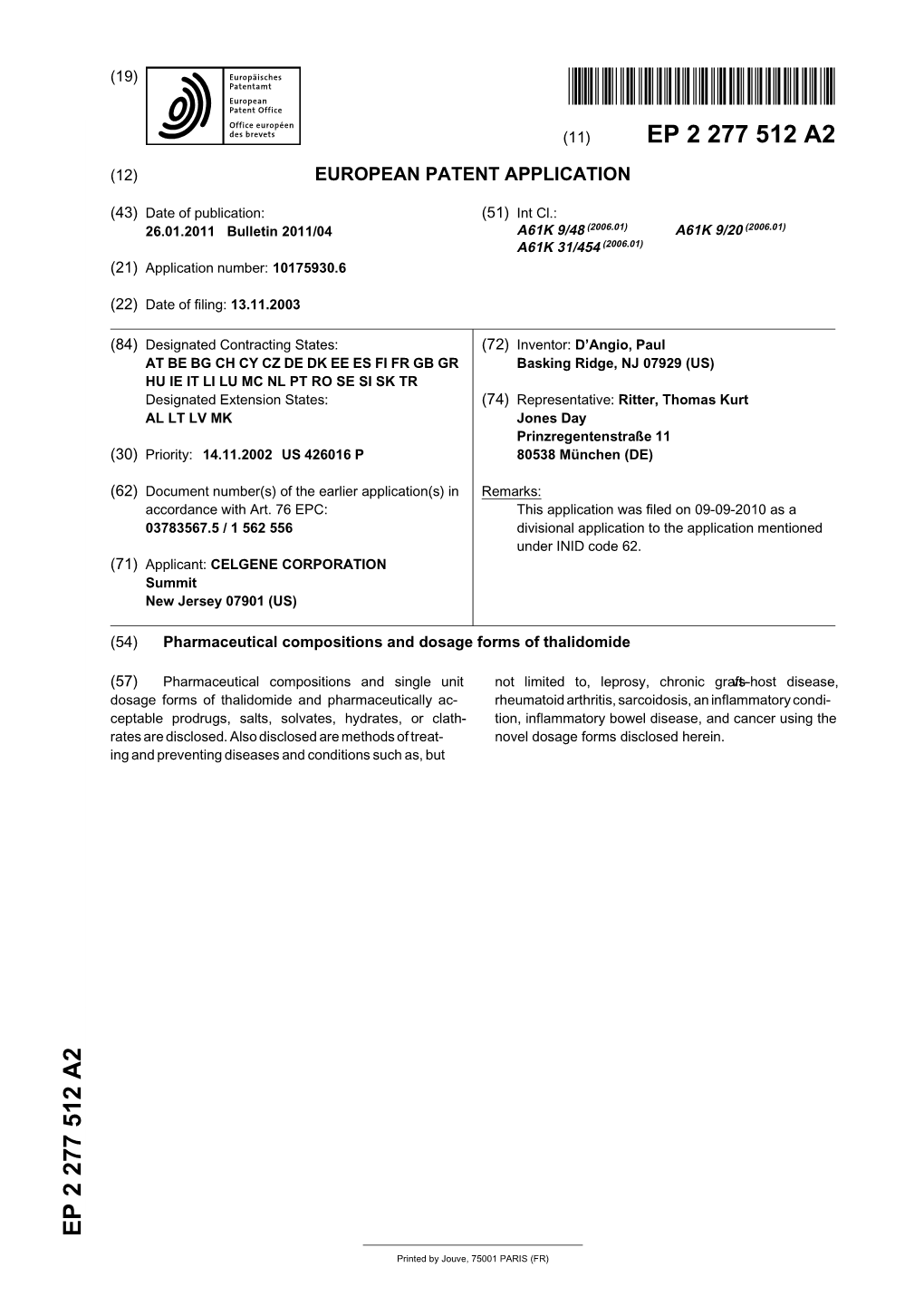 Pharmaceutical Compositions and Dosage Forms of Thalidomide