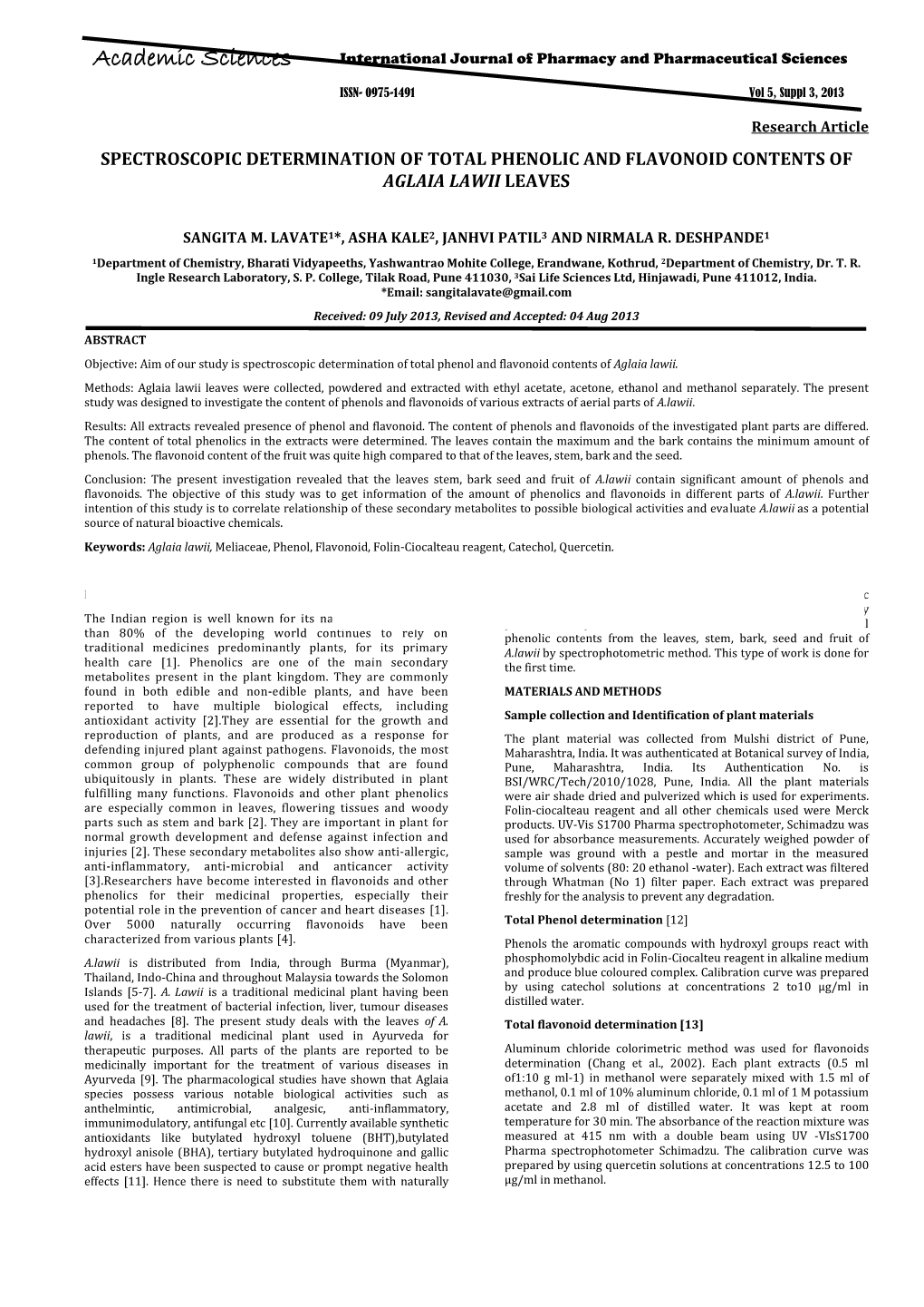 Spectroscopic Determination of Total Phenolic and Flavonoid Contents of Aglaia Lawii Leaves