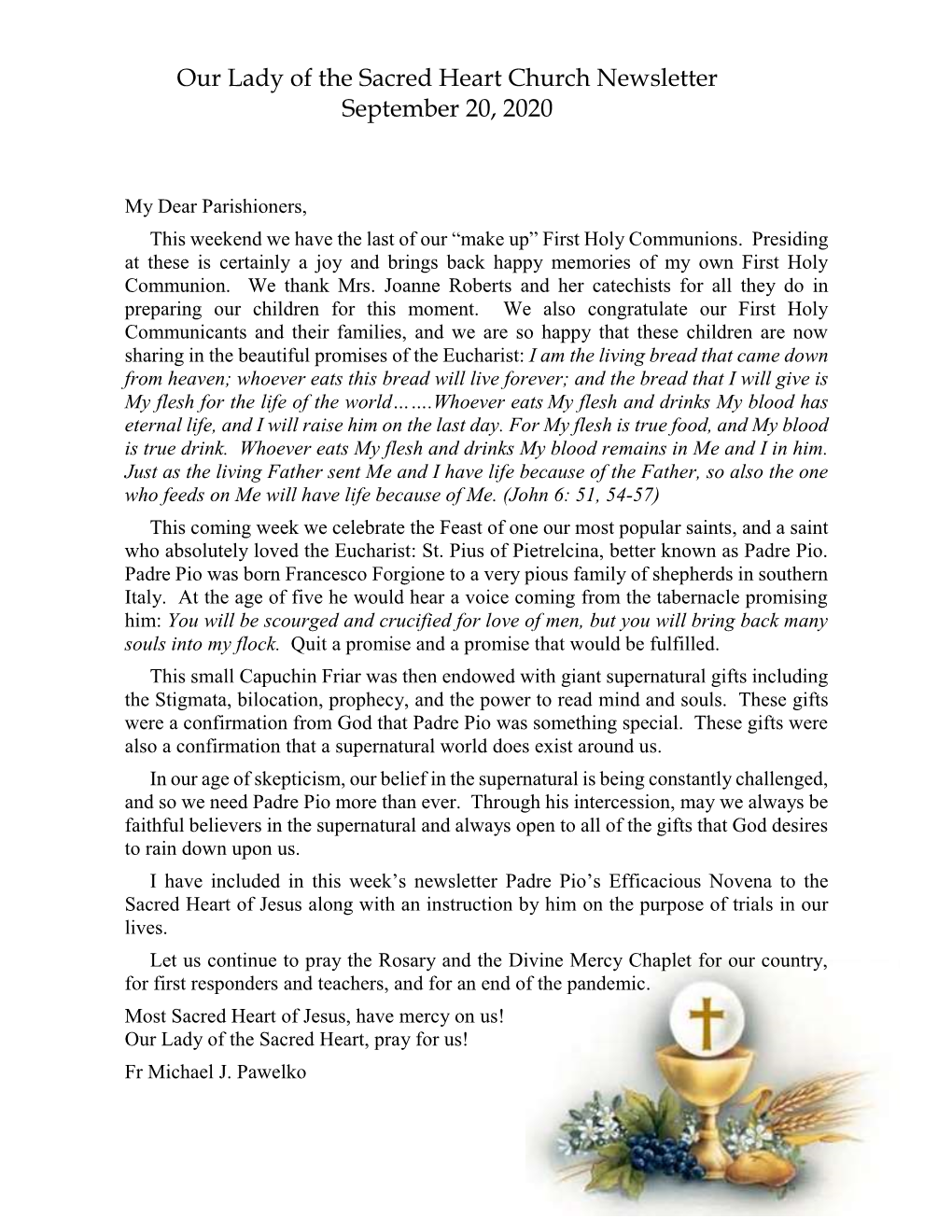 Our Lady of the Sacred Heart Church Newsletter September 20, 2020