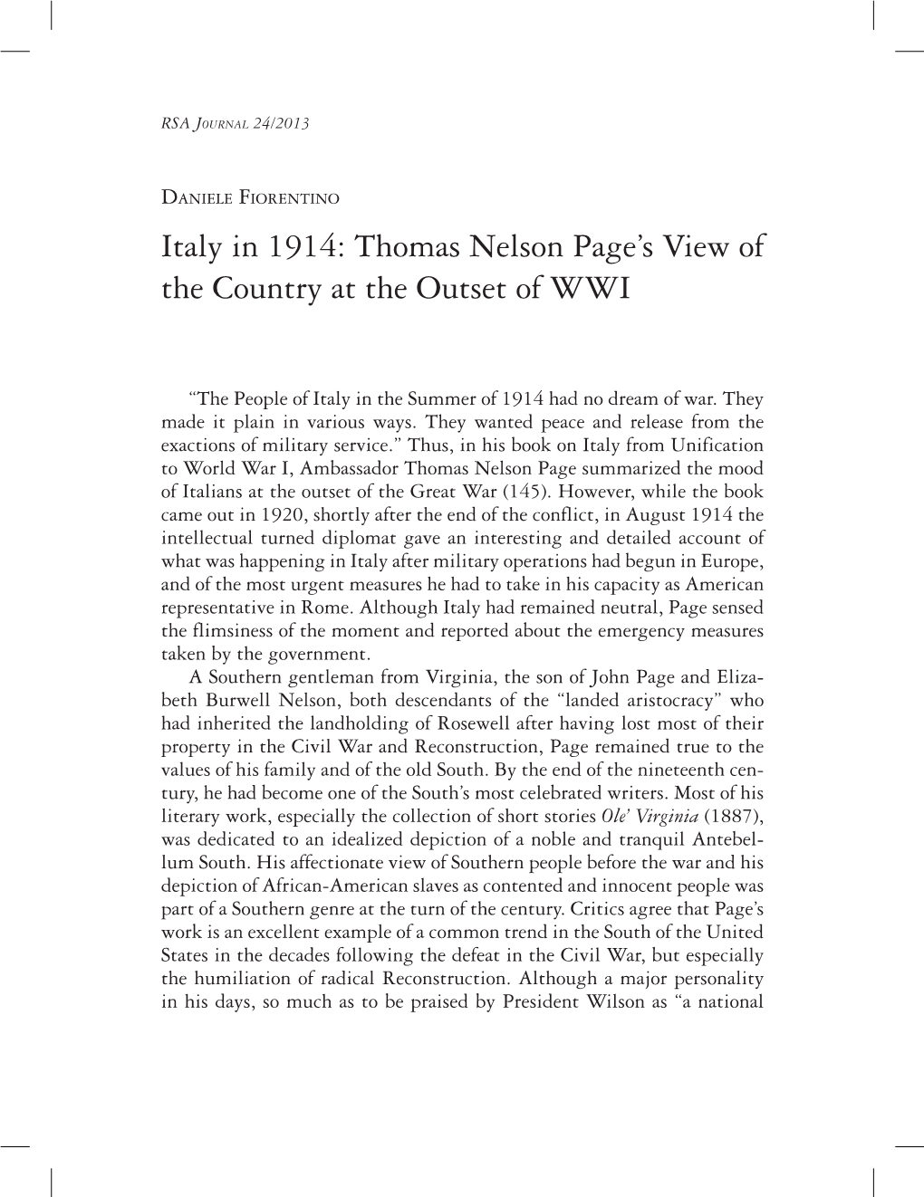 Italy in 1914: Thomas Nelson Page's View of the Country at the Outset Of