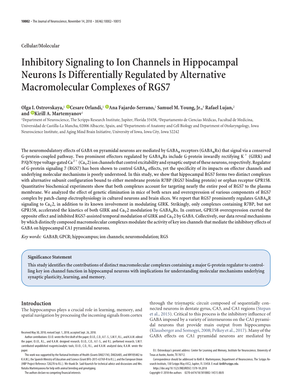 Inhibitory Signaling to Ion Channels in Hippocampal Neurons Is Differentially Regulated by Alternative Macromolecular Complexes of RGS7