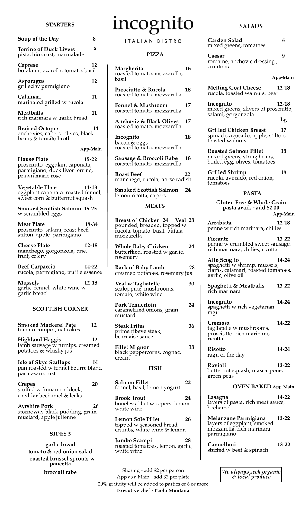 Incognito Bistro's Dinner Menu