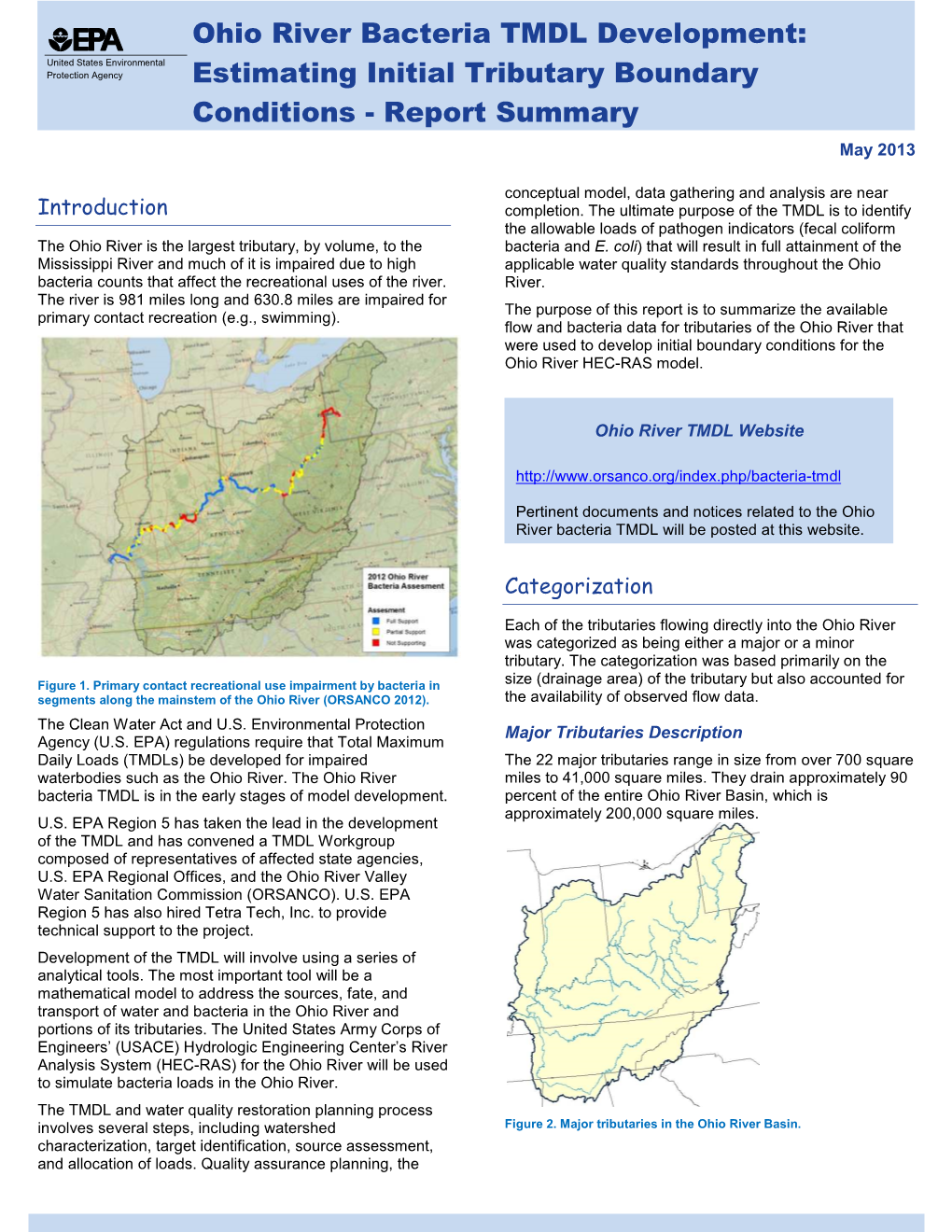Ohio River Bacteria TMDL Development: Estimating Initial Tributary Boundary Conditions –Report Summary