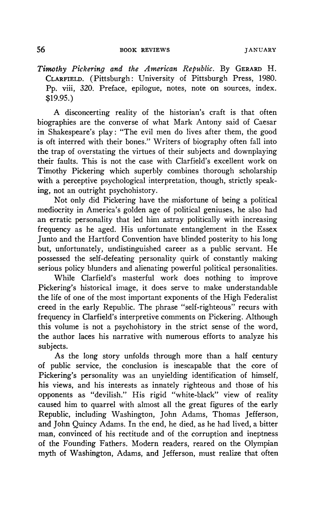 Timothy Pickering and the American Republic. by Gerard H. Clarfield