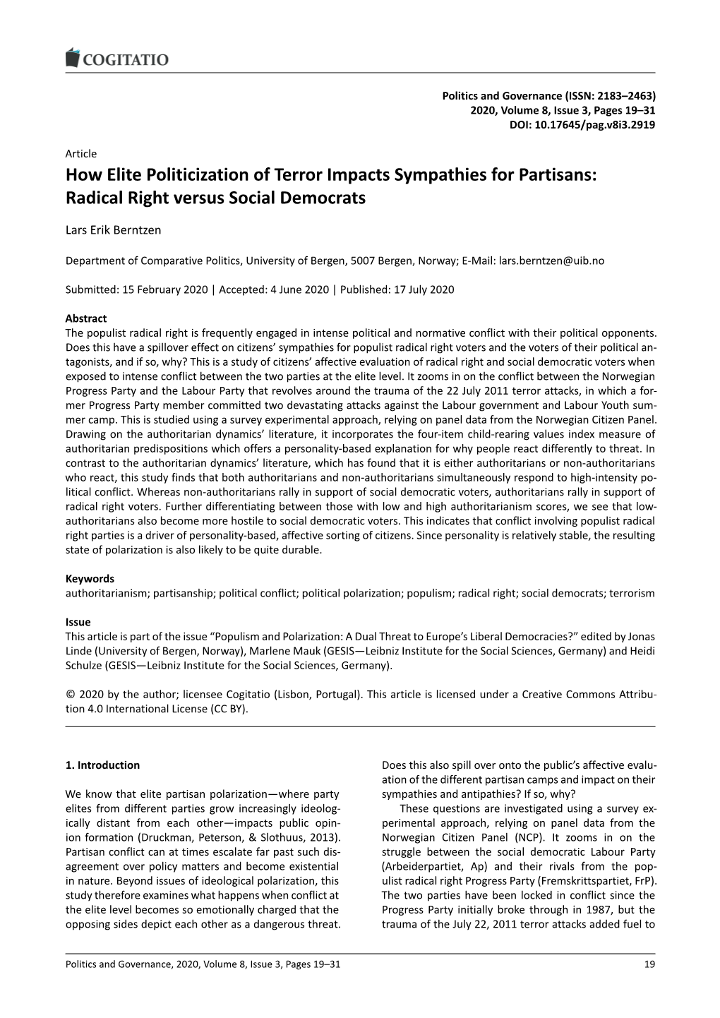 How Elite Politicization of Terror Impacts Sympathies for Partisans: Radical Right Versus Social Democrats