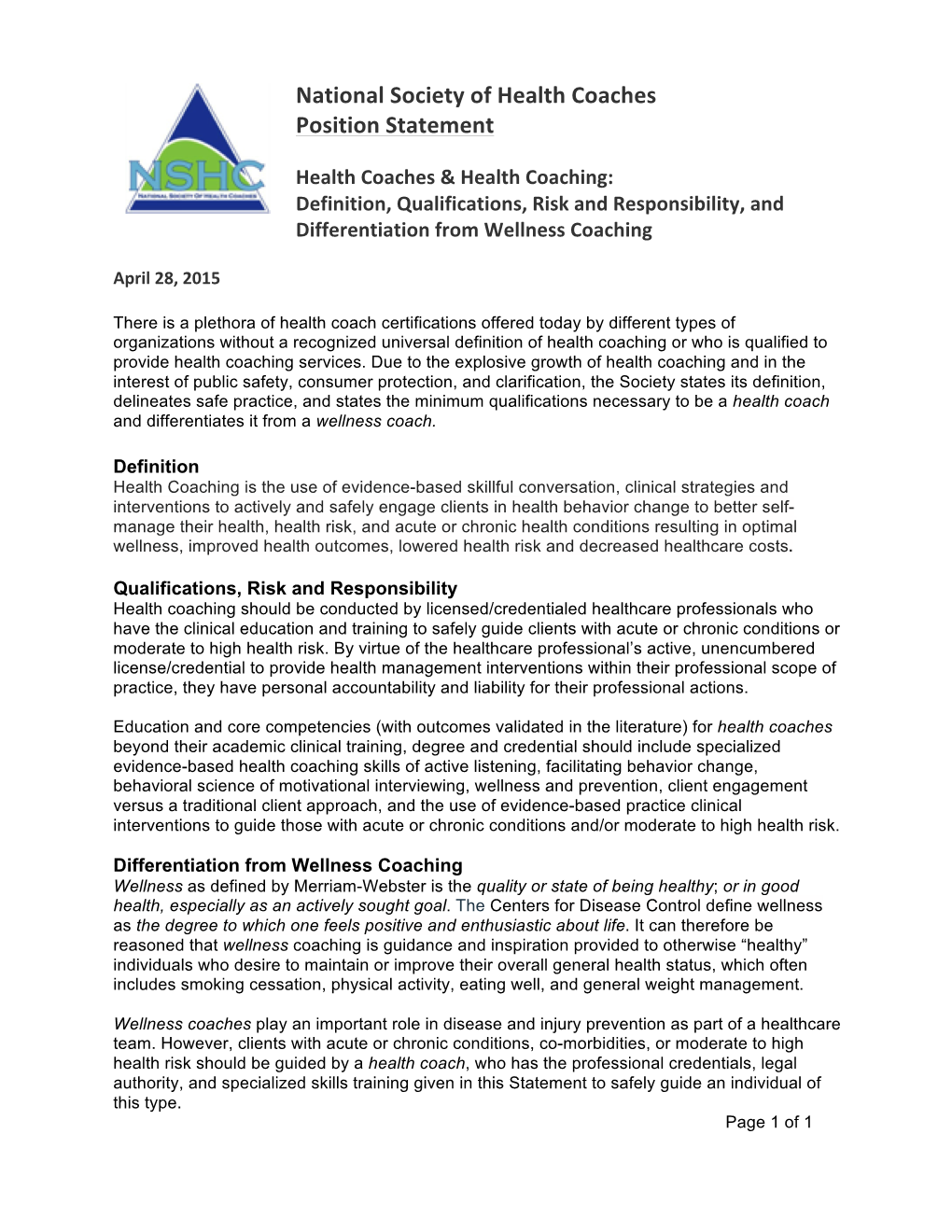 National Society of Health Coaches Position Statement