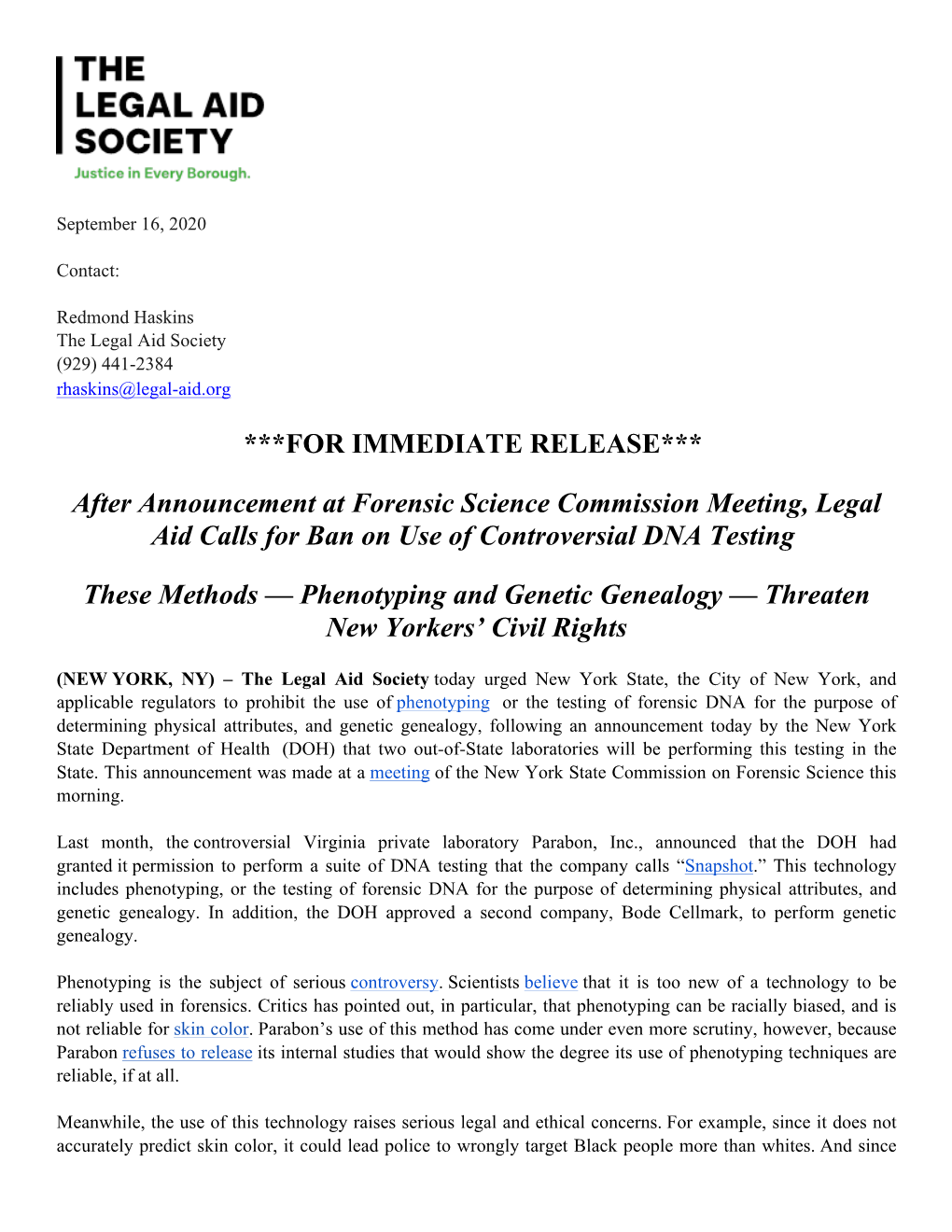 FOR IMMEDIATE RELEASE*** After Announcement at Forensic Science Commission Meeting, Legal Aid Calls for Ban on Use of Controv