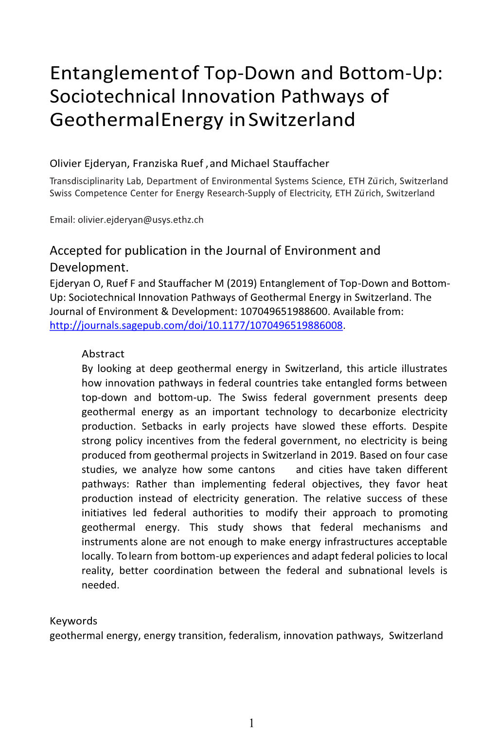 Sociotechnical Innovation Pathways of Geothermal Energy in Switzerland