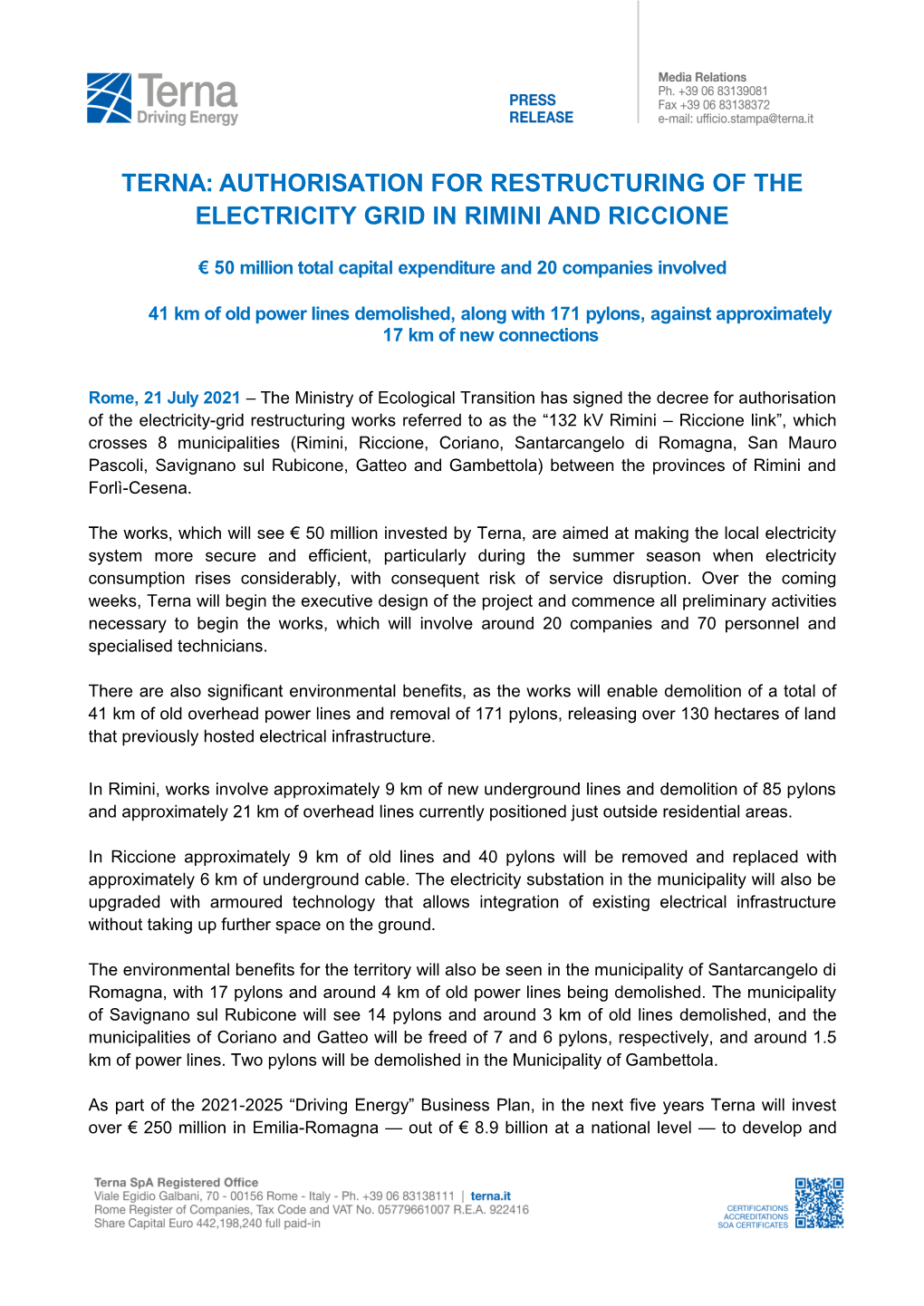 Terna: Authorisation for Restructuring of the Electricity Grid in Rimini and Riccione