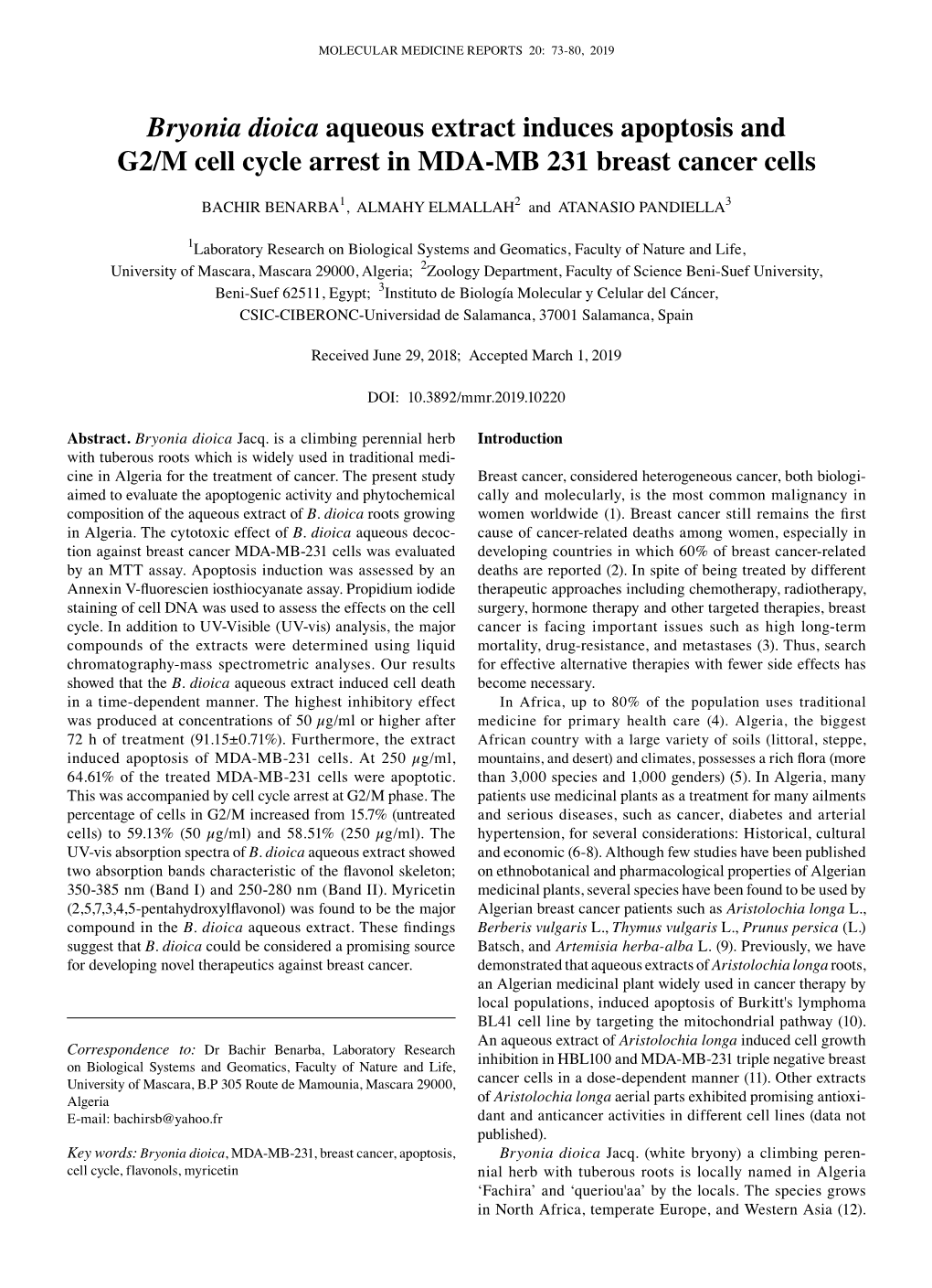 Bryonia Dioica Aqueous Extract Induces Apoptosis and G2/M Cell Cycle Arrest in MDA‑MB 231 Breast Cancer Cells