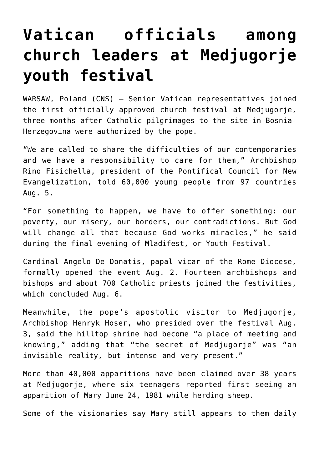 Vatican Officials Among Church Leaders at Medjugorje Youth Festival