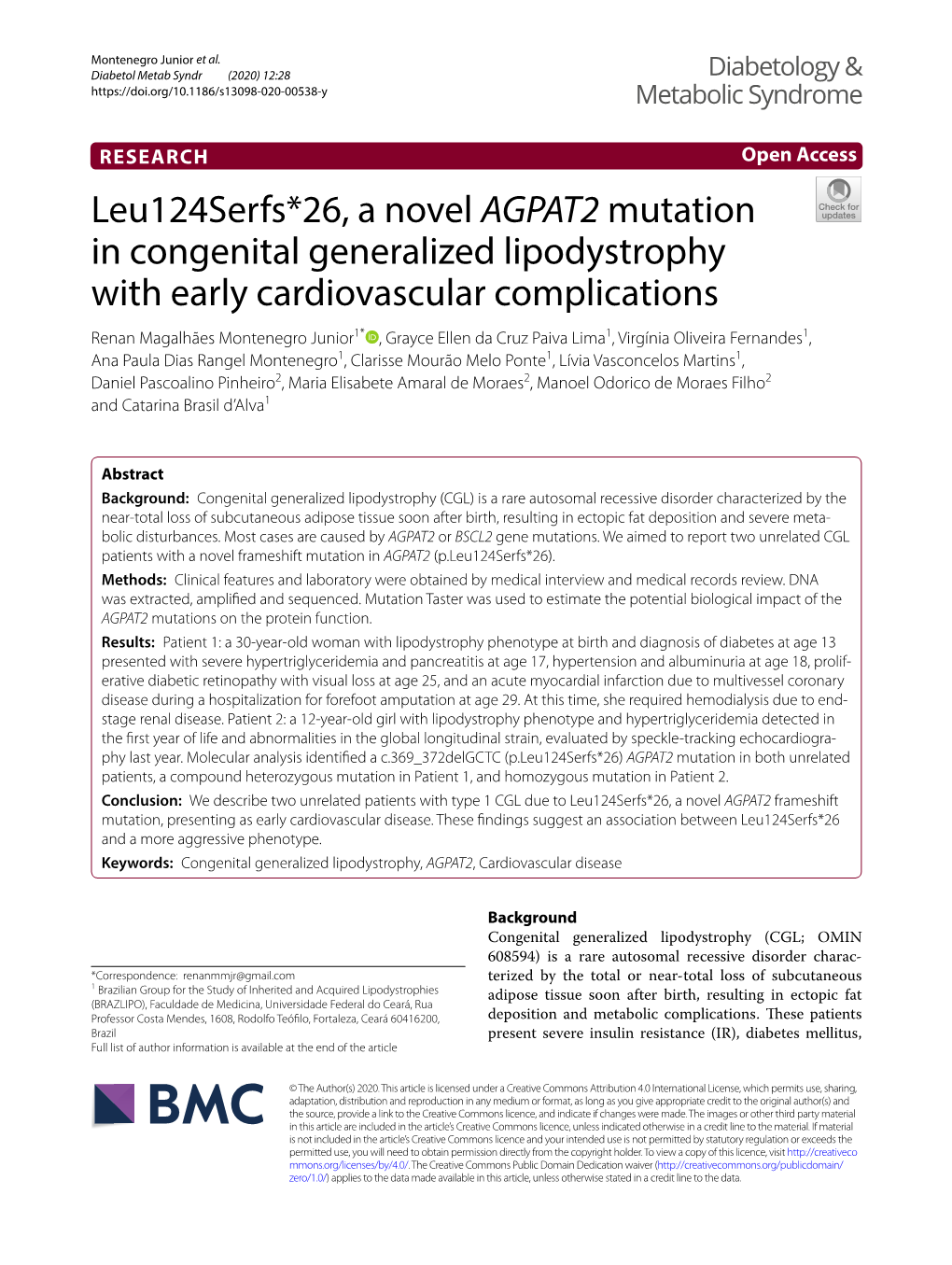 Leu124serfs*26, a Novel AGPAT2 Mutation in Congenital Generalized Lipodystrophy with Early Cardiovascular Complications
