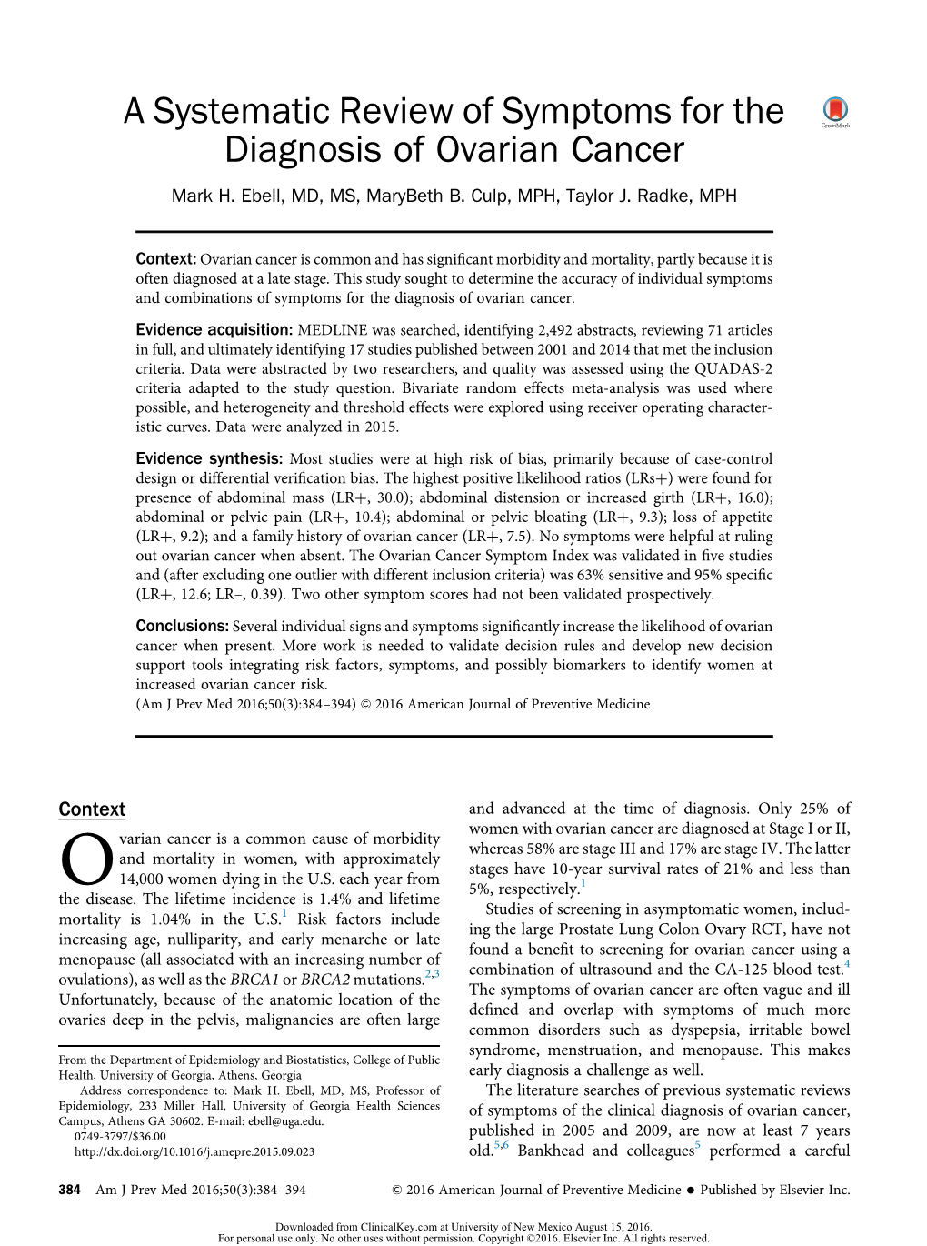 A Systematic Review of Symptoms for the Diagnosis of Ovarian Cancer Mark H