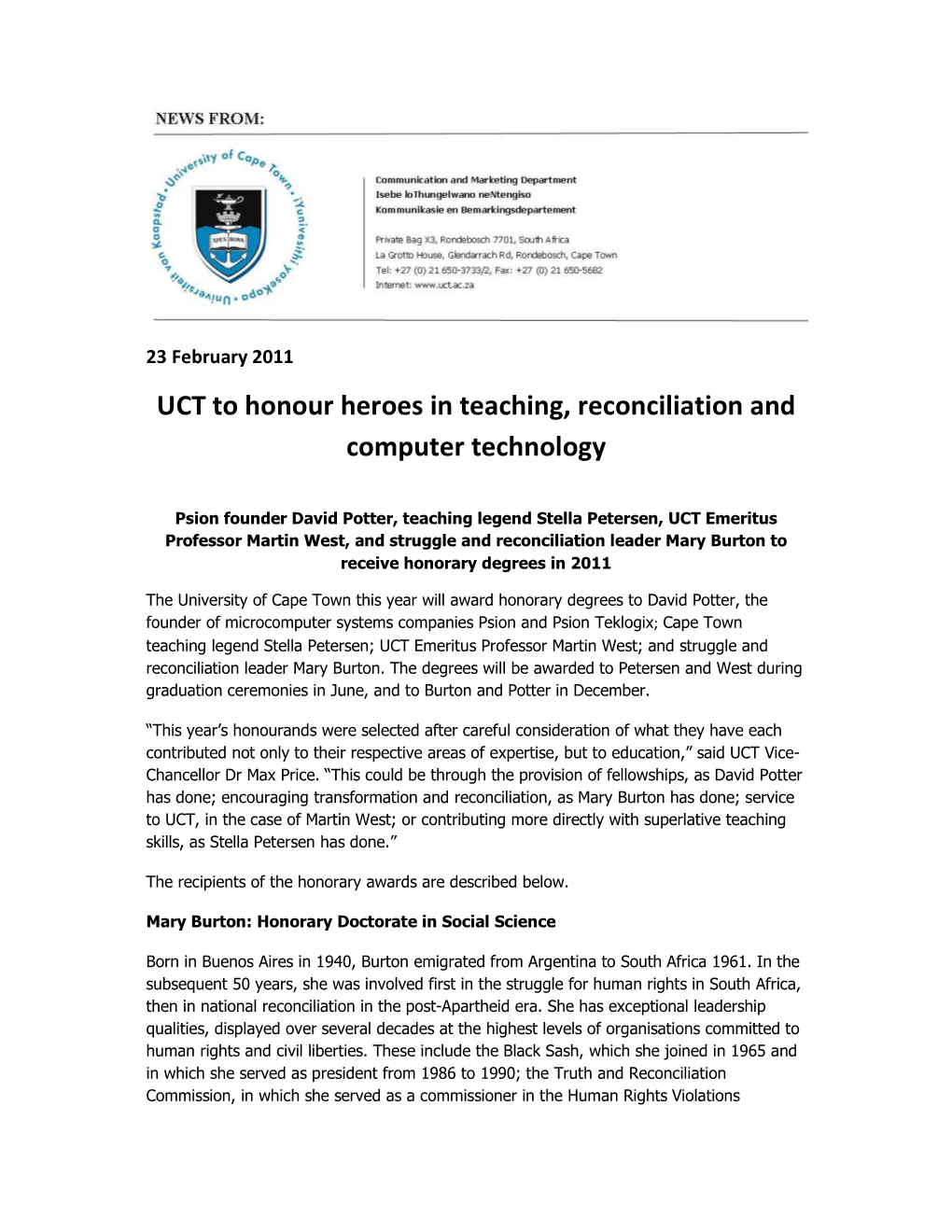 UCT to Honour Heroes in Teaching, Reconciliation and Computer Technology