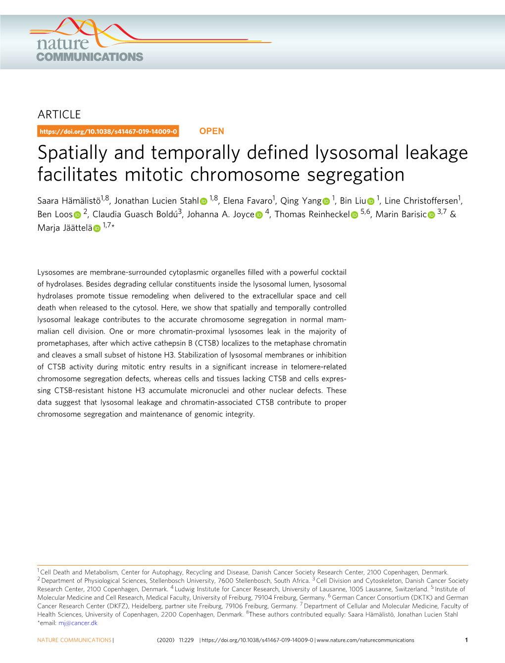 Spatially and Temporally Defined Lysosomal Leakage Facilitates Mitotic Chromosome Segregation