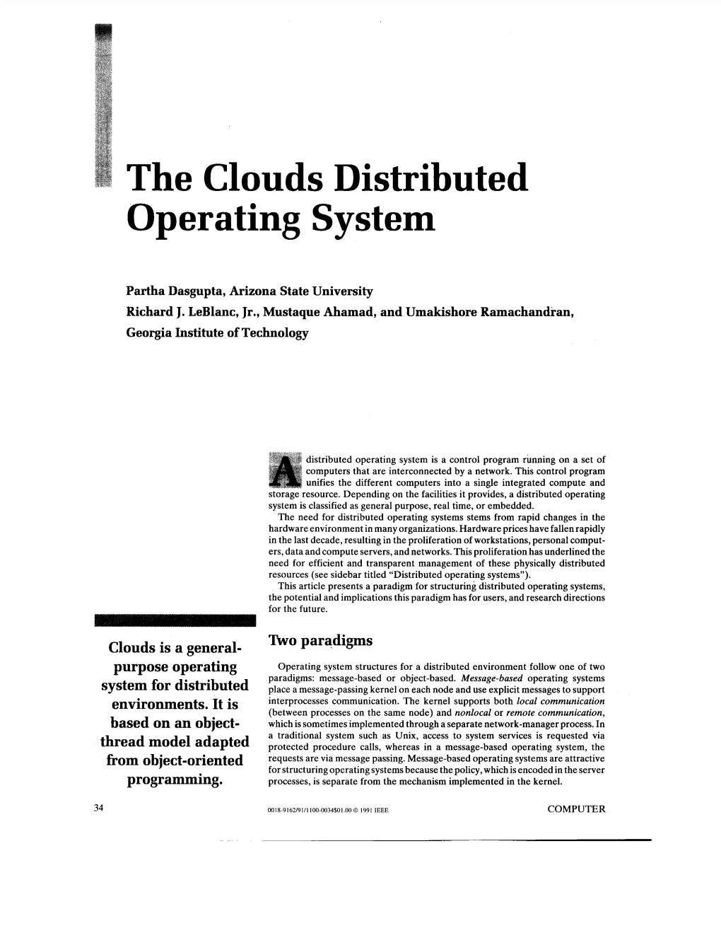 The Clouds Distributed Operating System