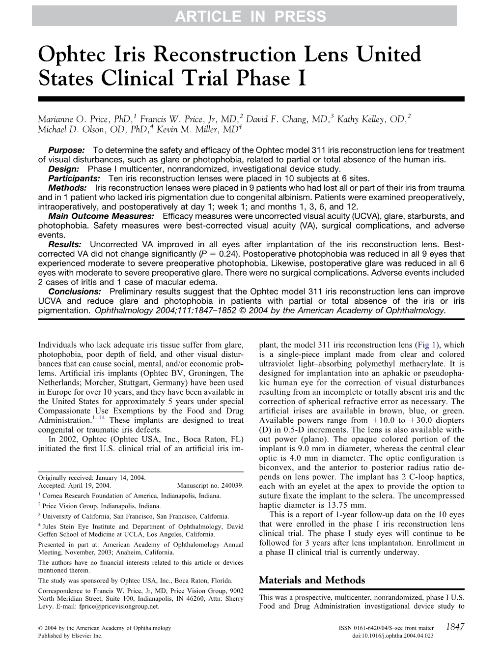 Ophtec Iris Reconstruction Lens United States Clinical Trial Phase I