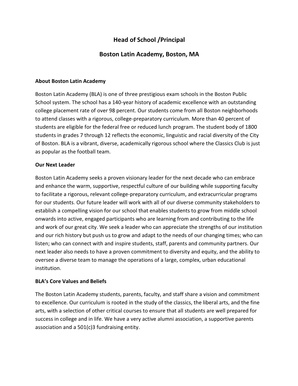 Head of School /Principal Boston Latin Academy, Boston, MA