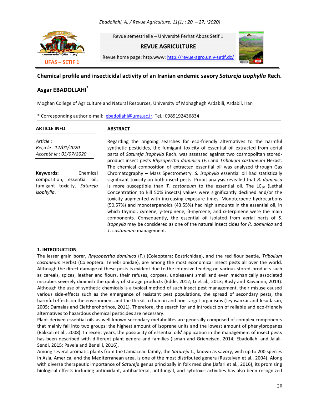 Chemical Profile and Insecticidal Activity of an Iranian Endemic Savory Satureja Isophylla Rech