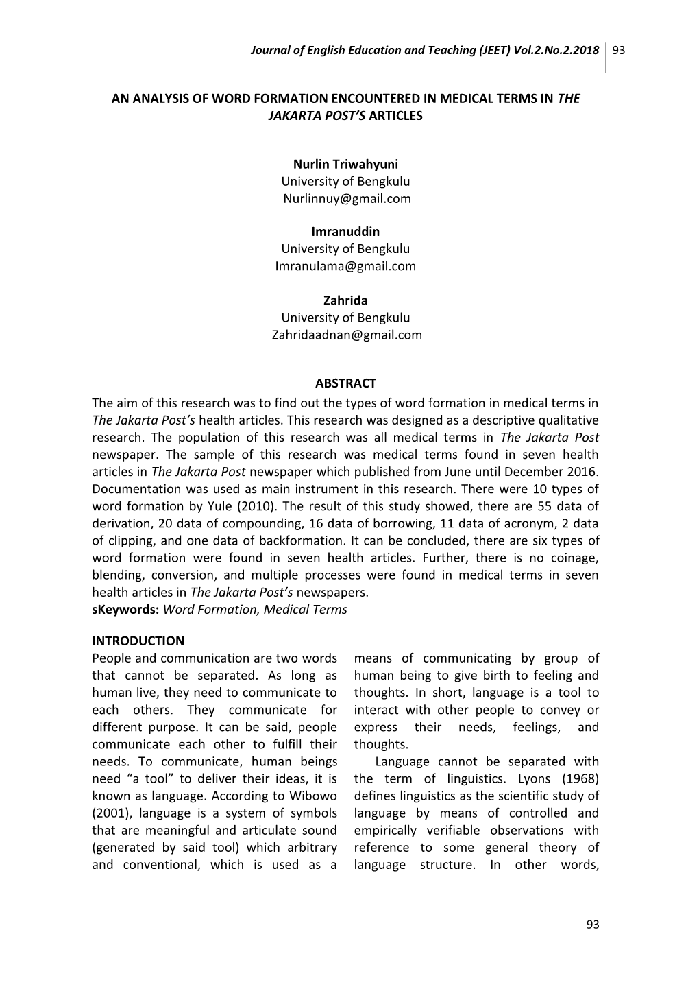 An Analysis of Word Formation Encountered in Medical Terms in the Jakarta Post’S Articles