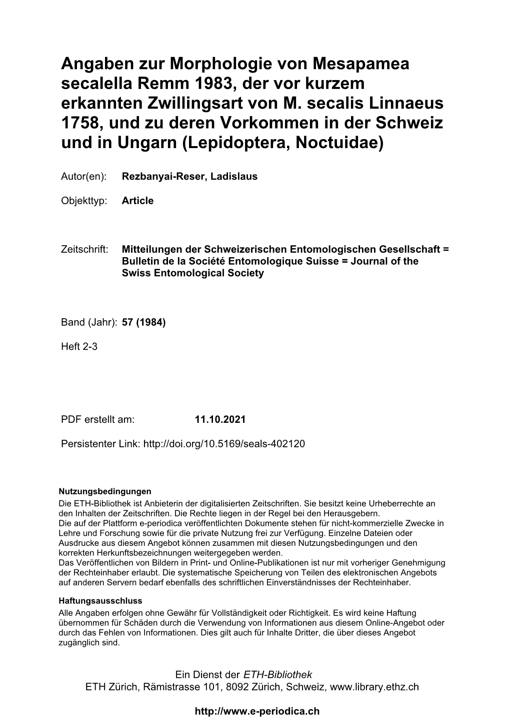 Angaben Zur Morphologie Von Mesapamea Secalella Remm 1983, Der Vor Kurzem Erkannten Zwillingsart Von M