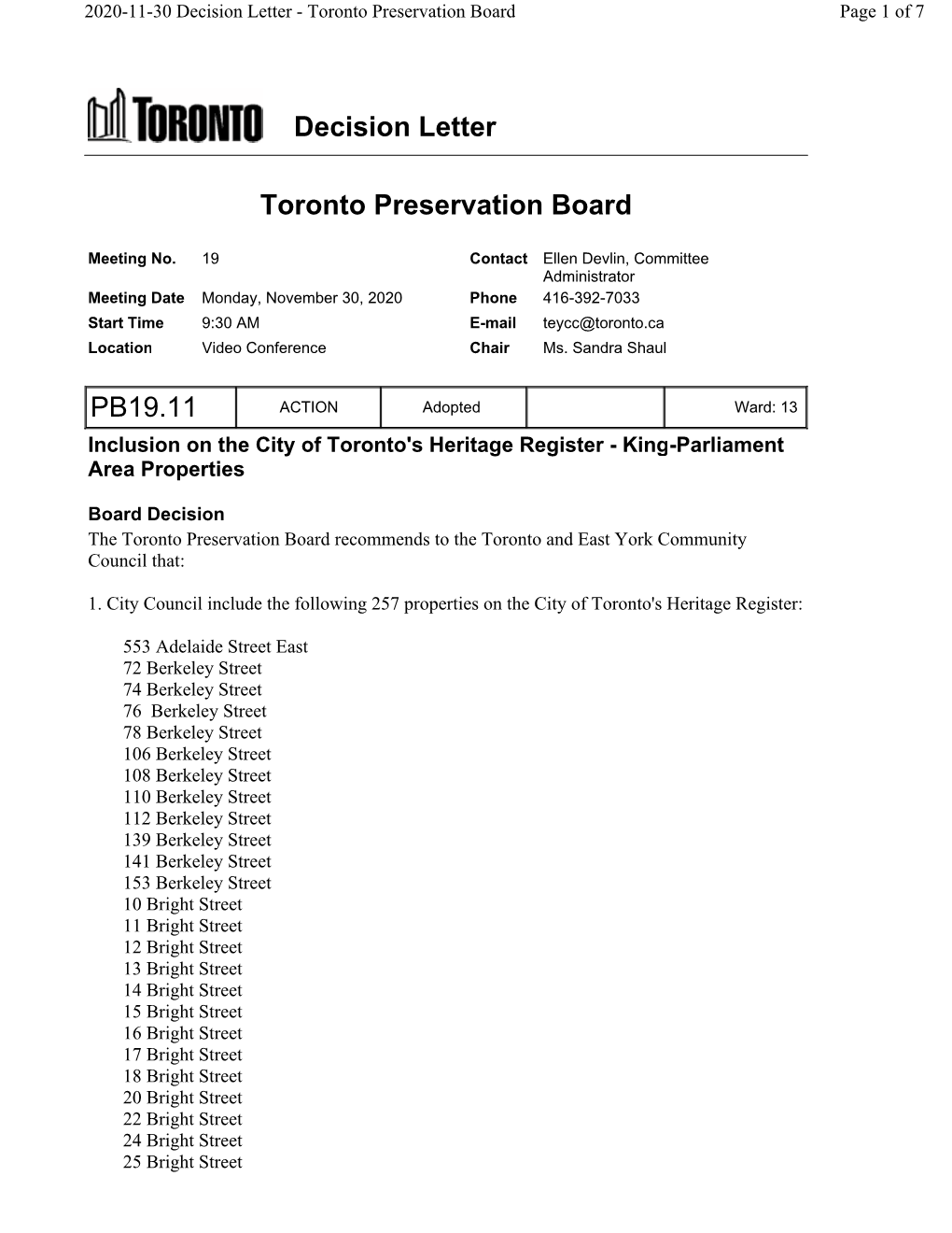 Decision Letter Toronto Preservation Board PB19.11