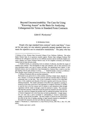 Beyond Unconscionability: the Case for Using "Knowing Assent" As the Basis for Analyzing Unbargained-For Terms in Standard Form Contracts