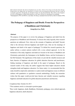 The Pedagogy of Happiness and Death: from the Perspectives of Buddhism and Christianity Jeong-Kyu Lee, Ph.D