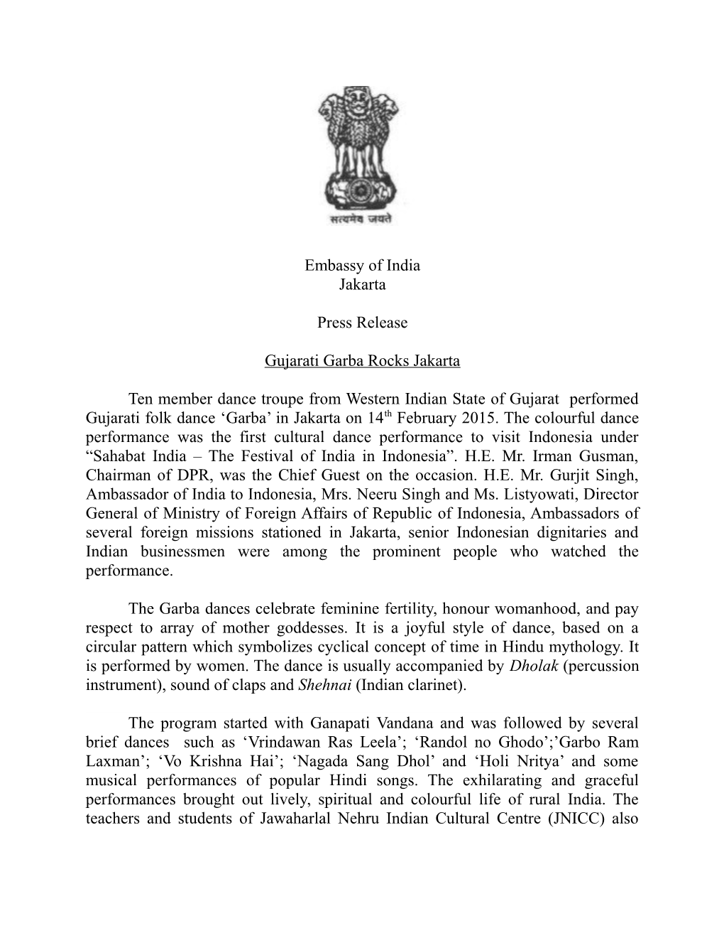 Embassy of India Jakarta Press Release Gujarati Garba Rocks